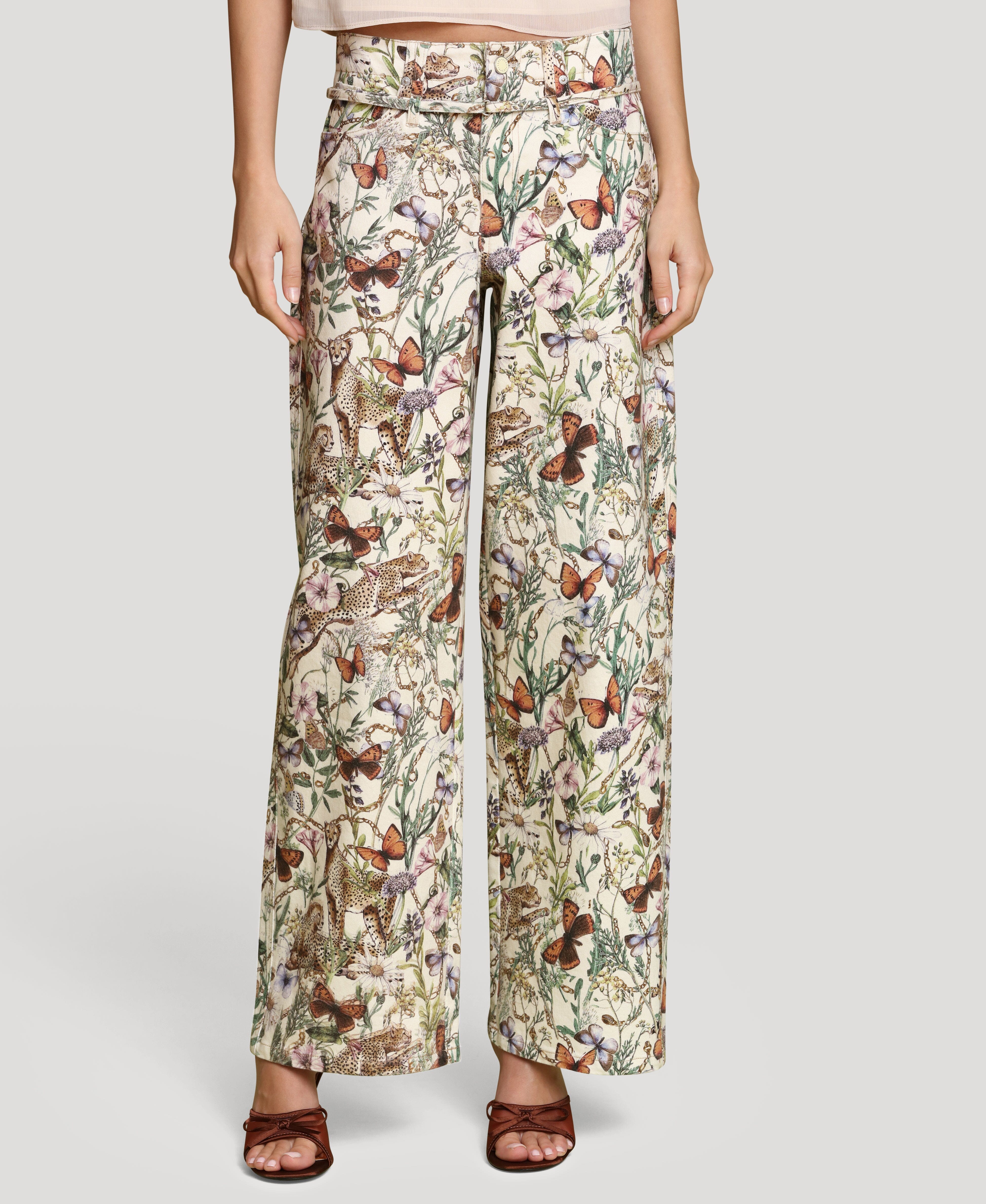 Botanical print cotton wide-leg and high-rise multicolor pant in cotton blend with an attached self-belt by Avec Les Filles