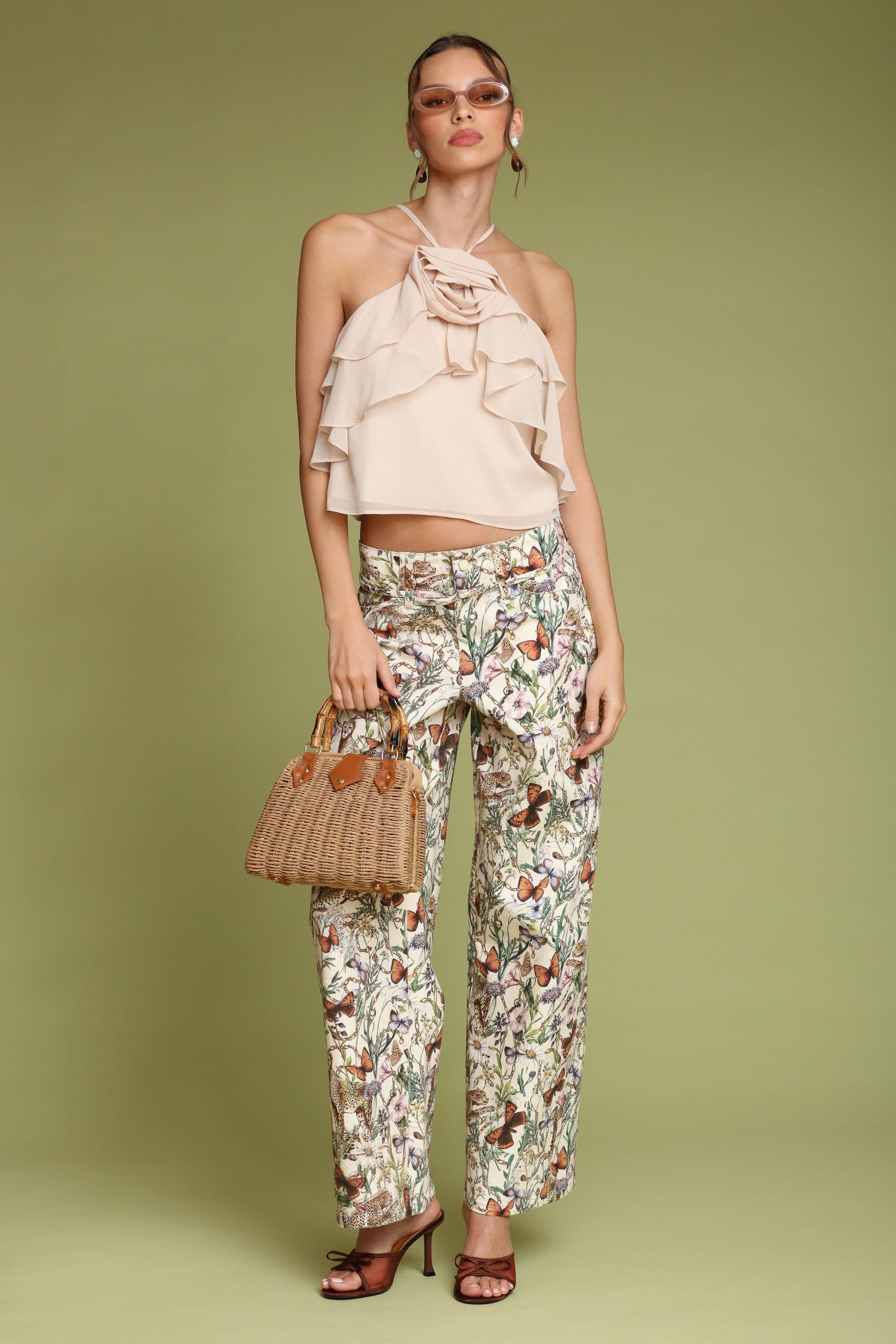 Botanical print cotton wide-leg and high-rise multicolor pant in cotton blend with an attached self-belt - Cute women's pants by Avec Les Filles