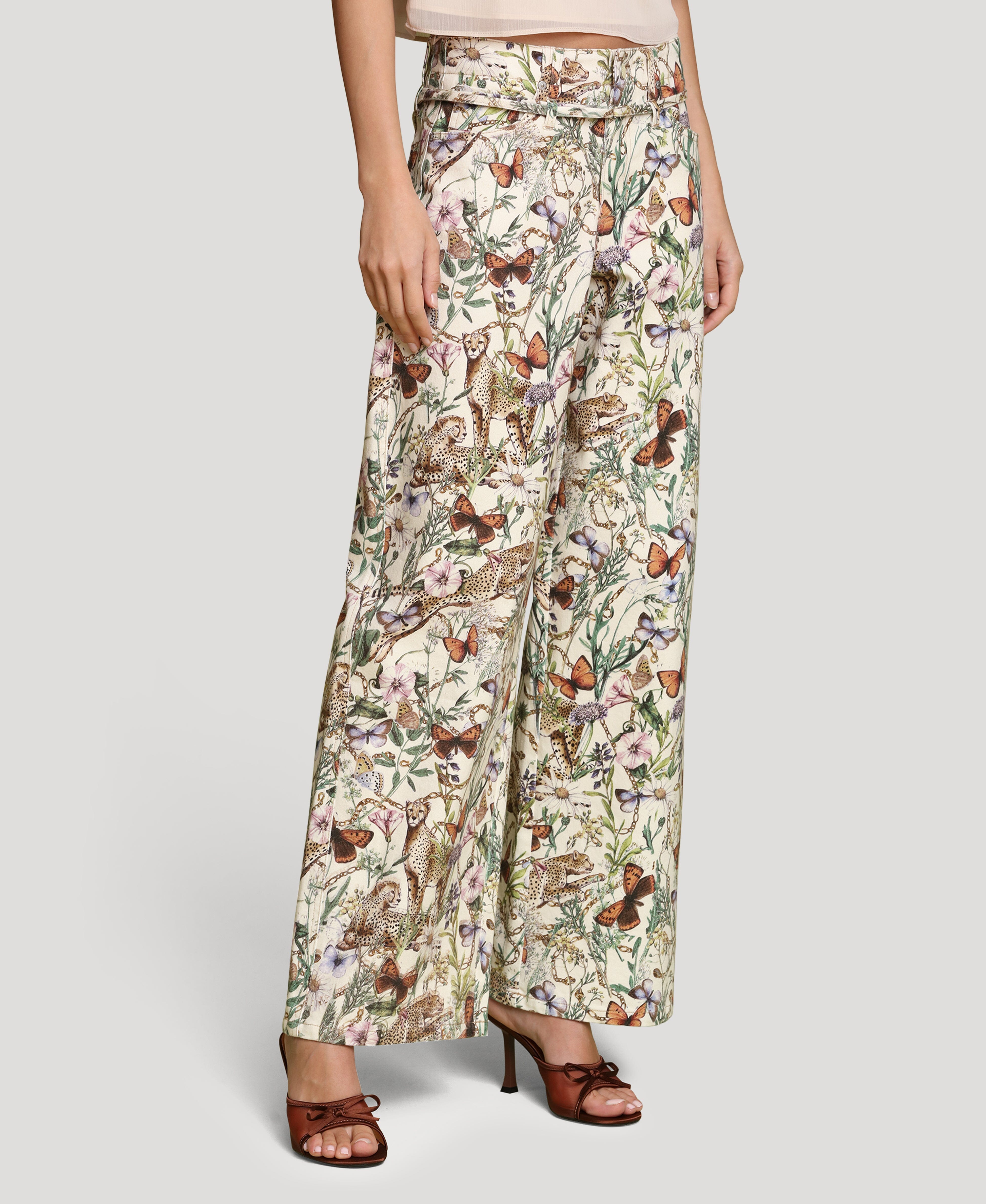 Botanical print cotton wide-leg and high-rise multicolor pant in cotton blend with an attached self-belt by Avec Les Filles