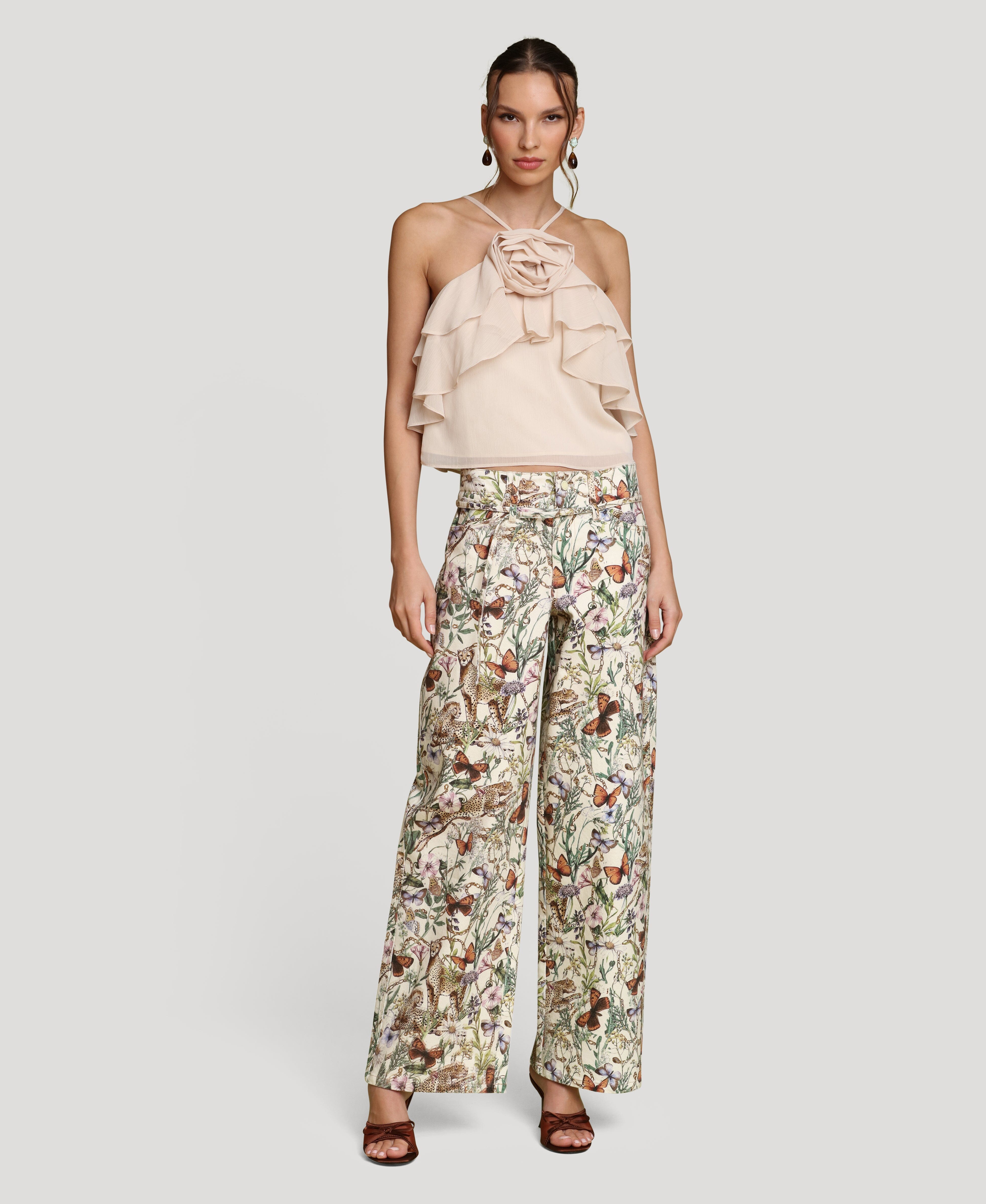 Botanical print cotton wide-leg and high-rise multicolor pant in cotton blend with an attached self-belt by Avec Les Filles