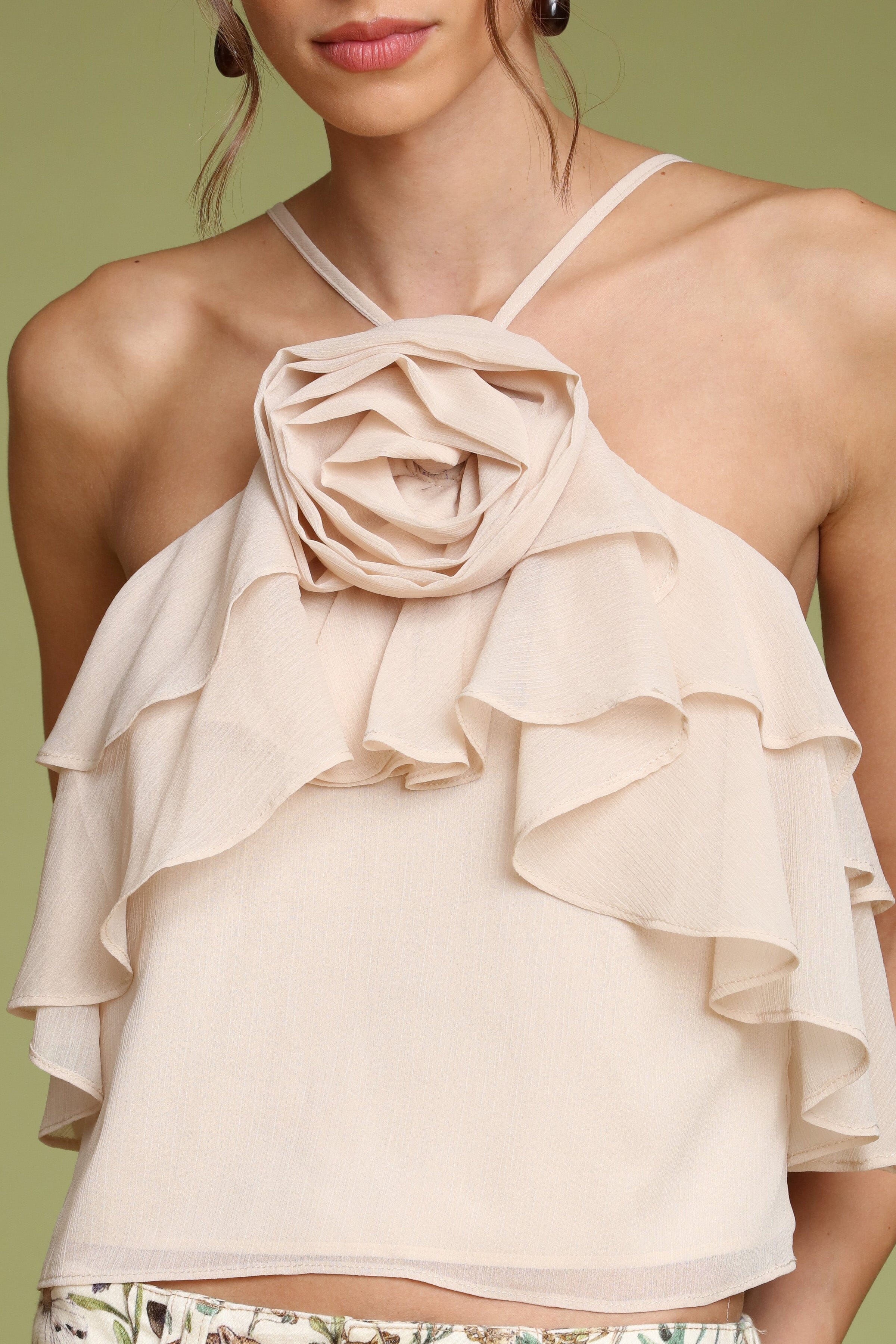 Rosette ruffle halter beige crop top in chiffon with adjustable spaghetti straps and a hidden back zipper - Shop designer women's tops by Avec Les Filles