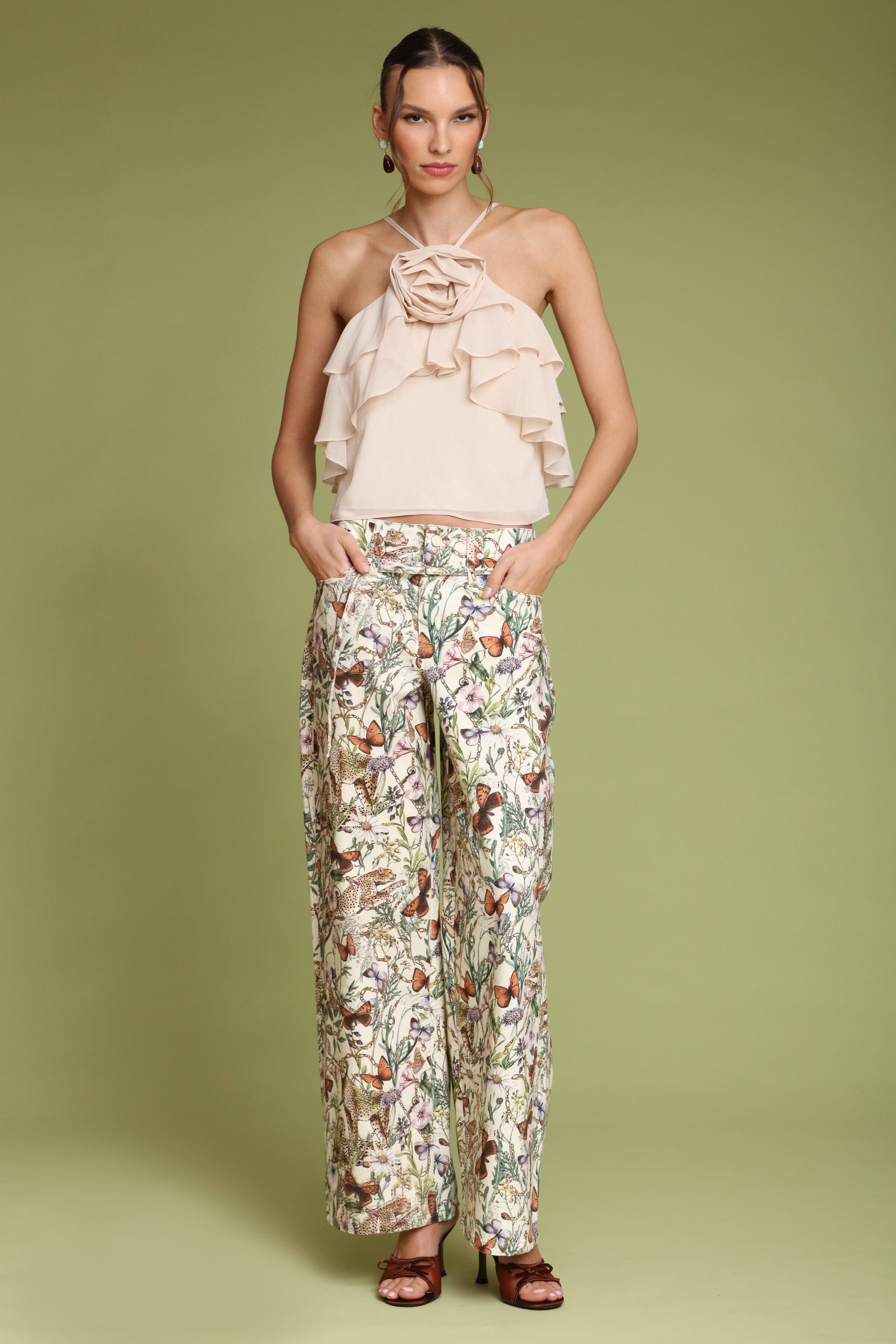 Rosette ruffle halter beige crop top in chiffon with adjustable spaghetti straps and a hidden back zipper - Shop designer women's tops by Avec Les Filles