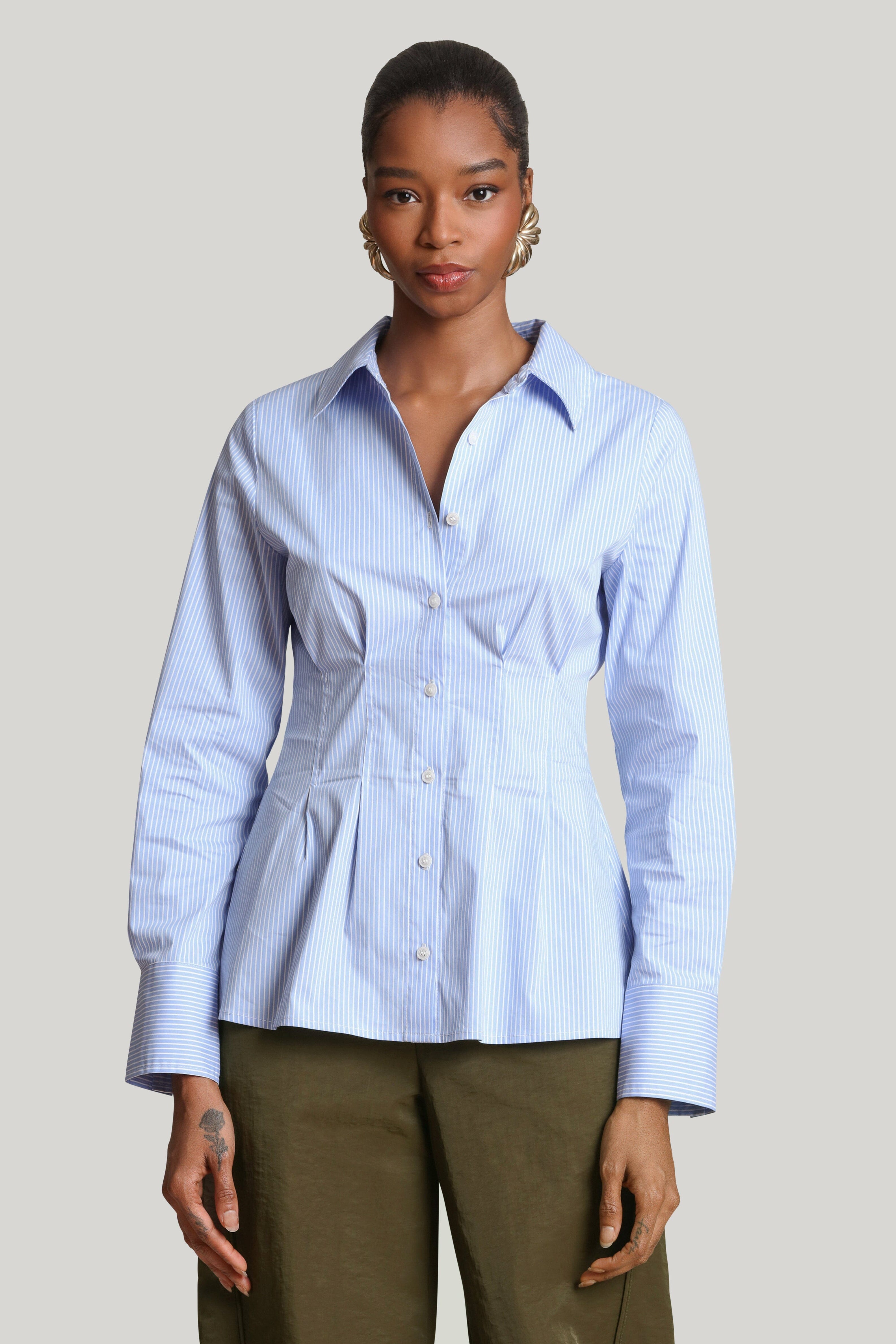 Cinch waist blue white cotton pinstripe shirt with a button-up and point collar -Cute women's shirts by Avec Les Filles
