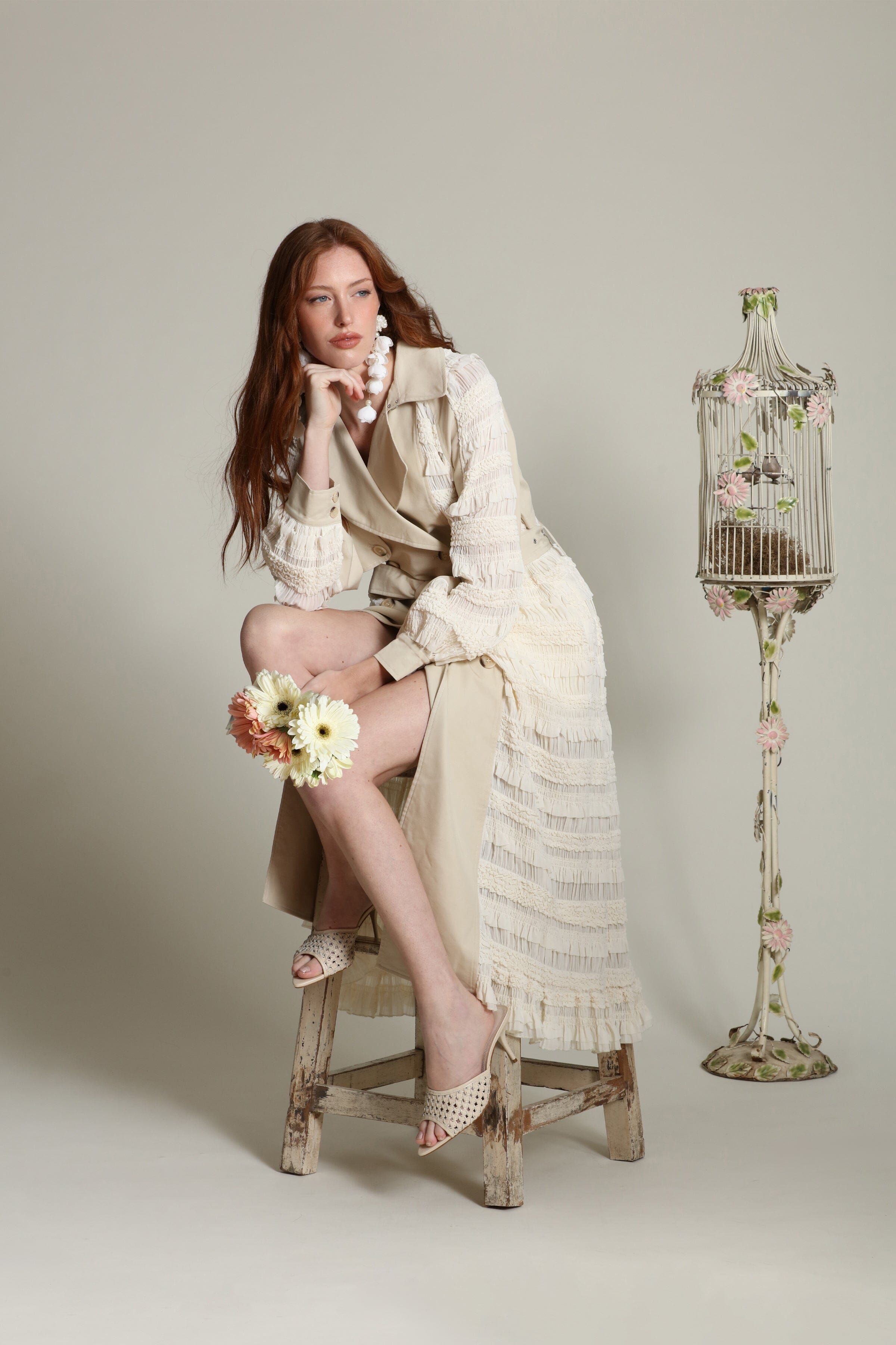 Mixed media double-breasted off-white trench coat with a removable self-tie belt by Avec Les Filles