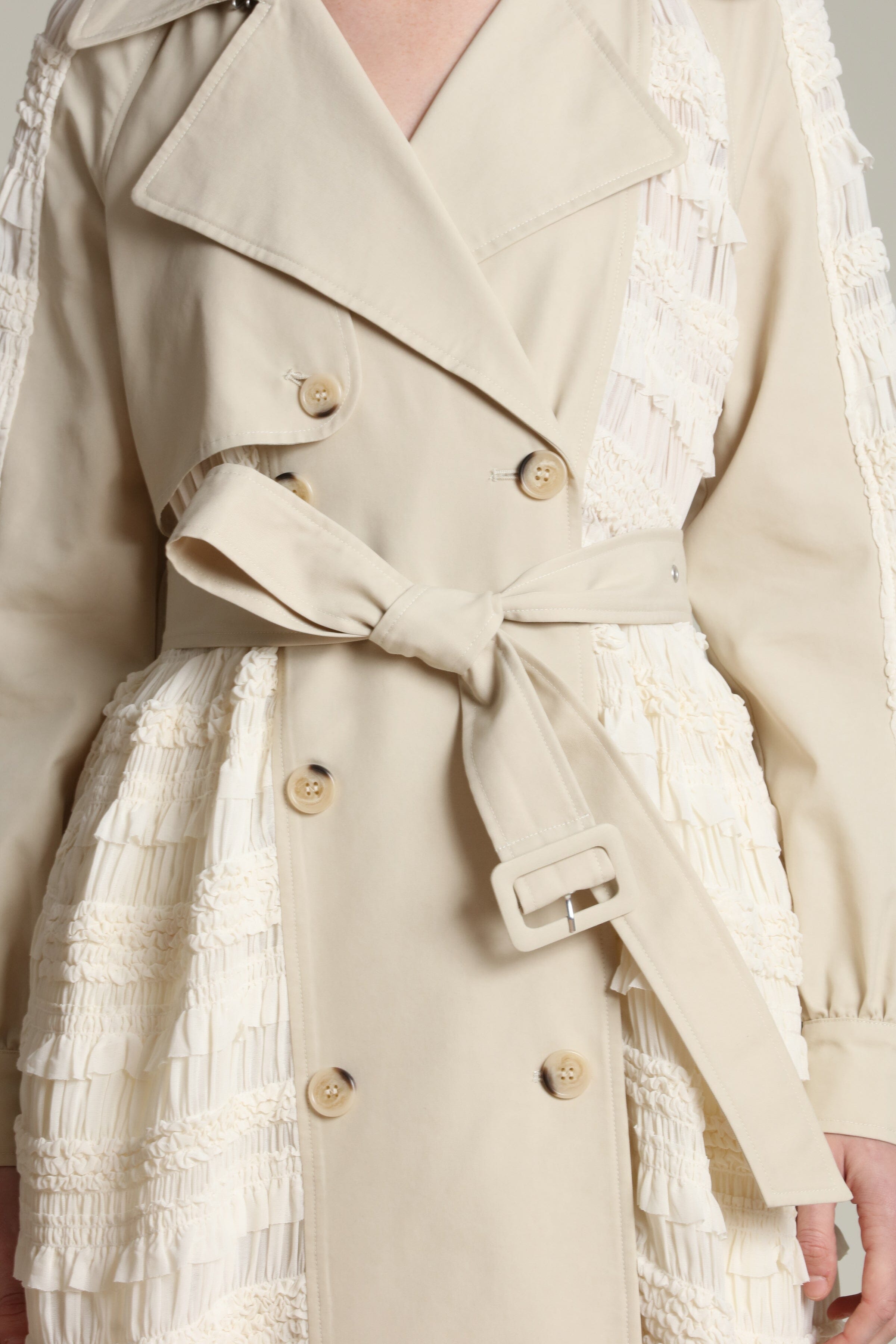 Mixed media double-breasted off-white trench coat with removable belt by Avec Les Filles