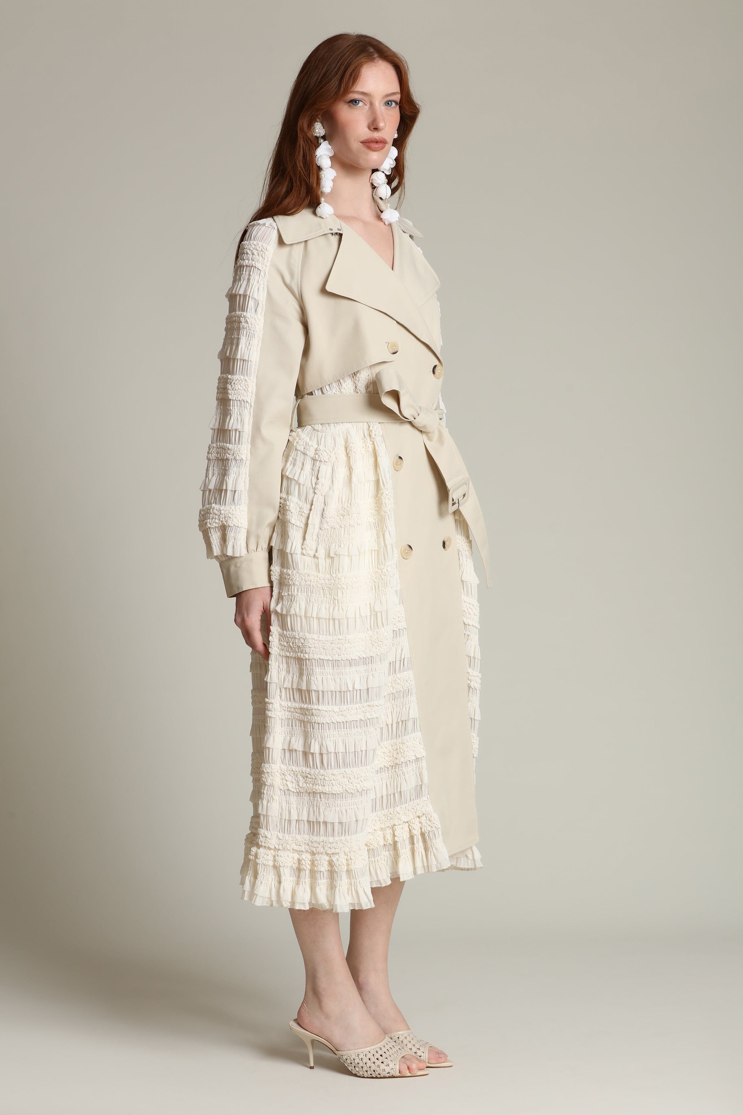 Off-white trench coat with a removable self-tie belt by Avec Les Filles