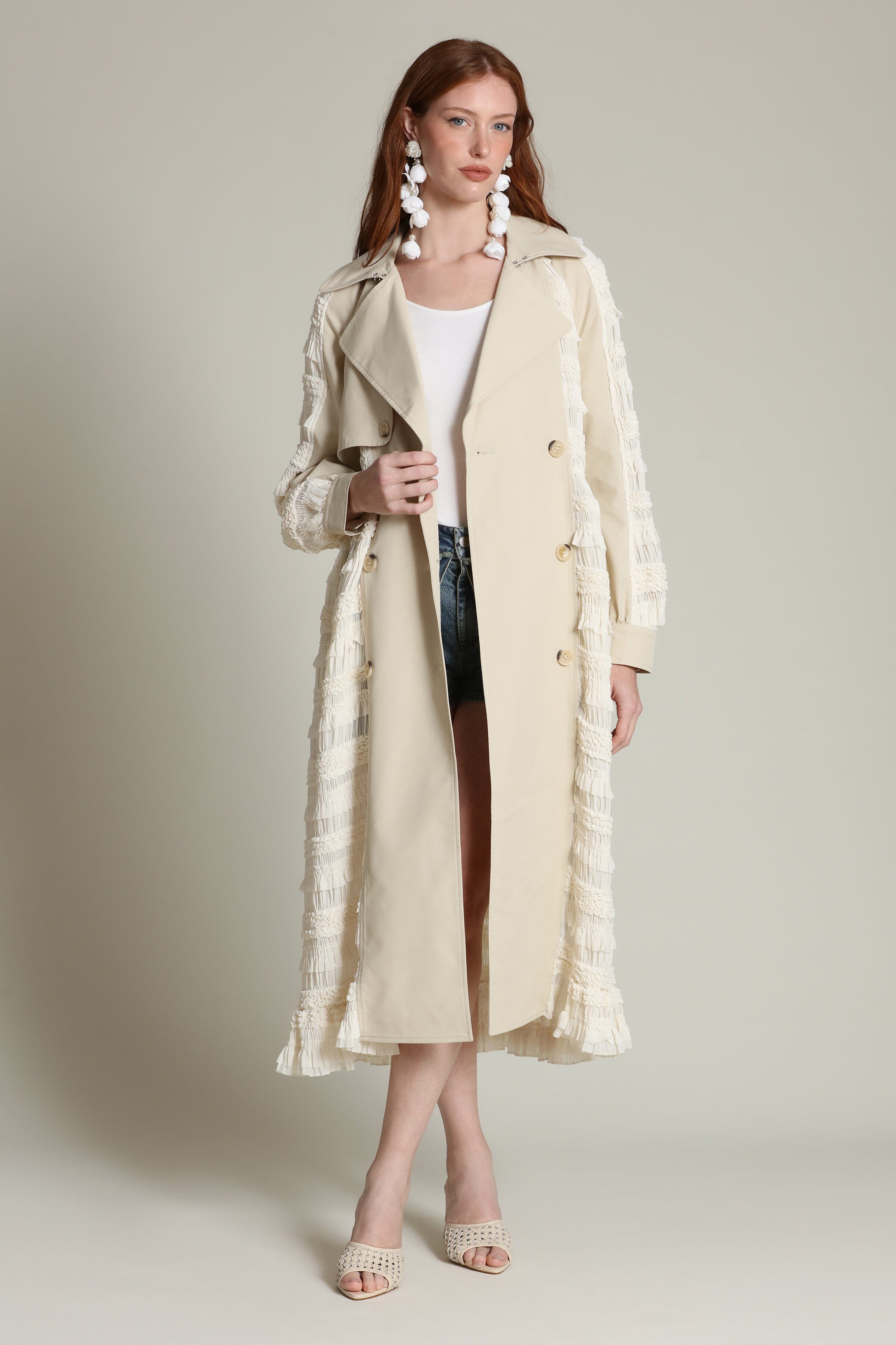 Tan Women's Trench Coat with decorative buttons and cream ruffles by Avec Les Filles