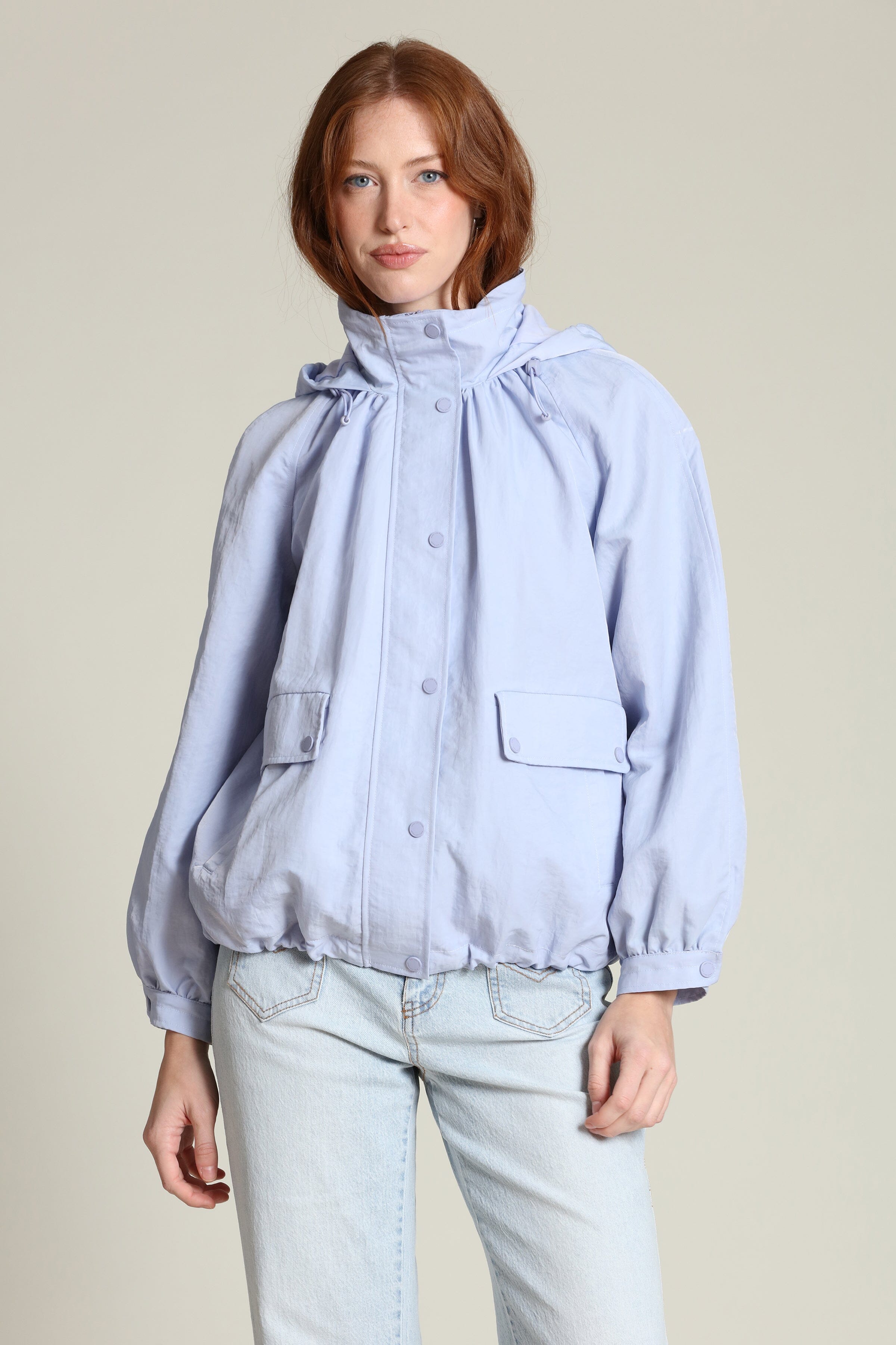 Nylon balloon sleeve blue windbreaker with snap-front and attached hood - Shop women's coats & jackets by Avec Les Filles