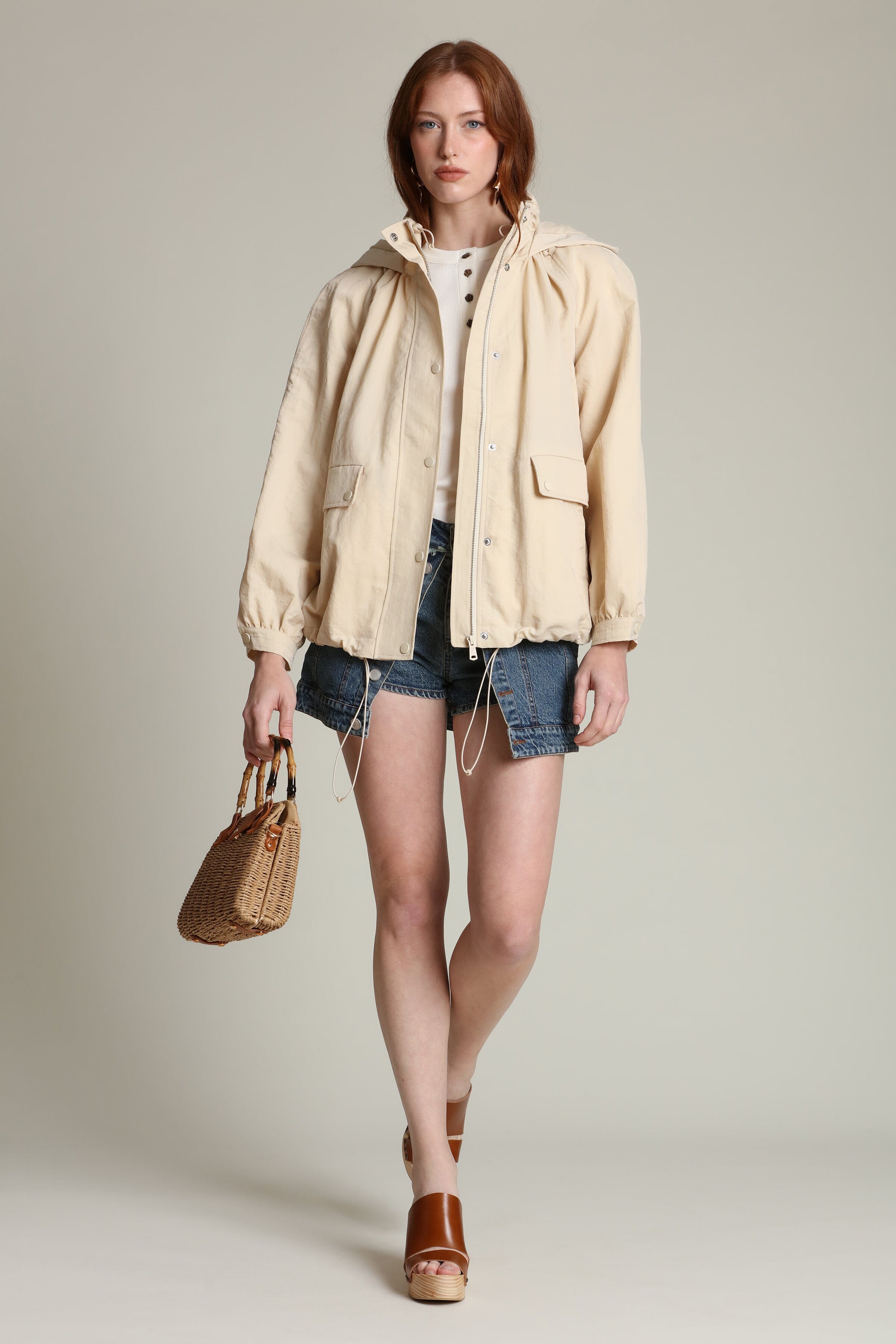 Nylon balloon sleeve ivory windbreaker jacket with snap-front - Shop designer women's windbreaker coats & jackets by Avec Les Filles