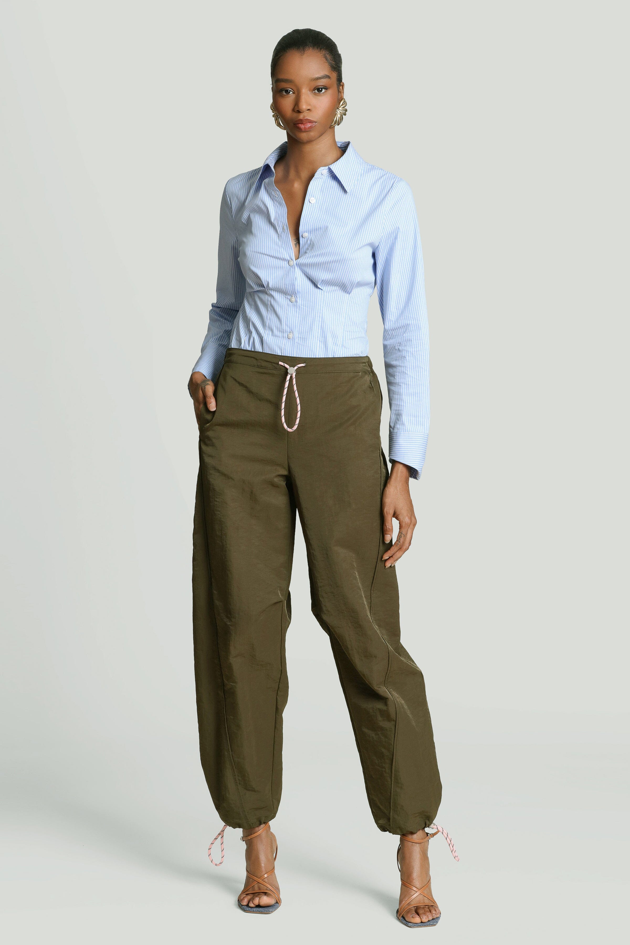 Nylon bungee cord brown joggers pant with balloon legs and adjustable drawcords - Shop women's designer joggers pants by Avec Les Filles