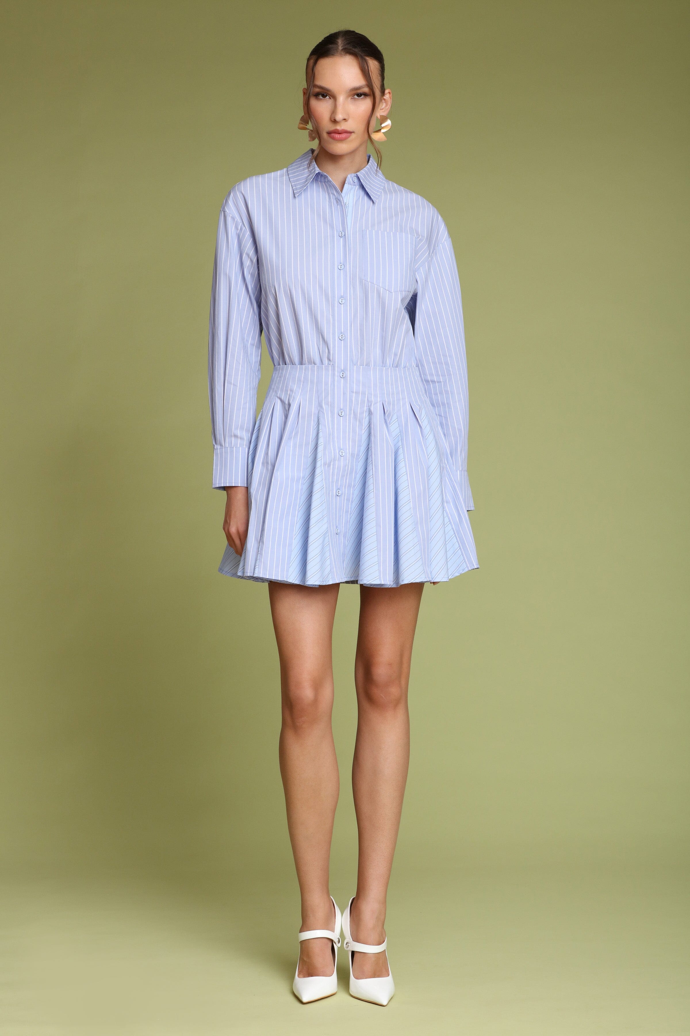 Blue striped cotton button-front mini shirt dress with long sleeves and pointed collar - Shop designer women's mini shirt dresses by Avec Les Filles