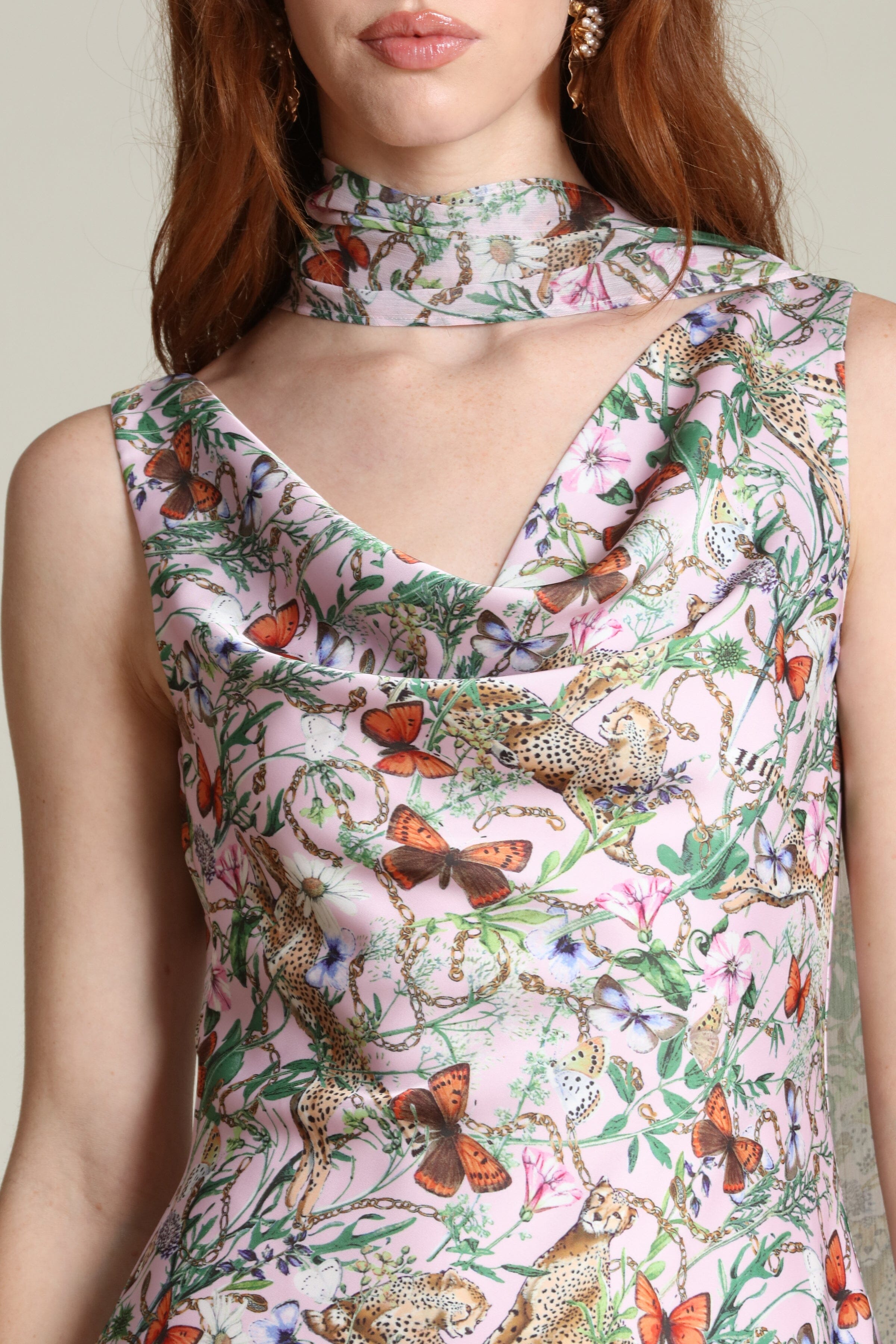 Floral satin scarf-tie multicolor mini dress with a draped cowl neckline - Shop women’s mini dresses by Avec Les Filles
