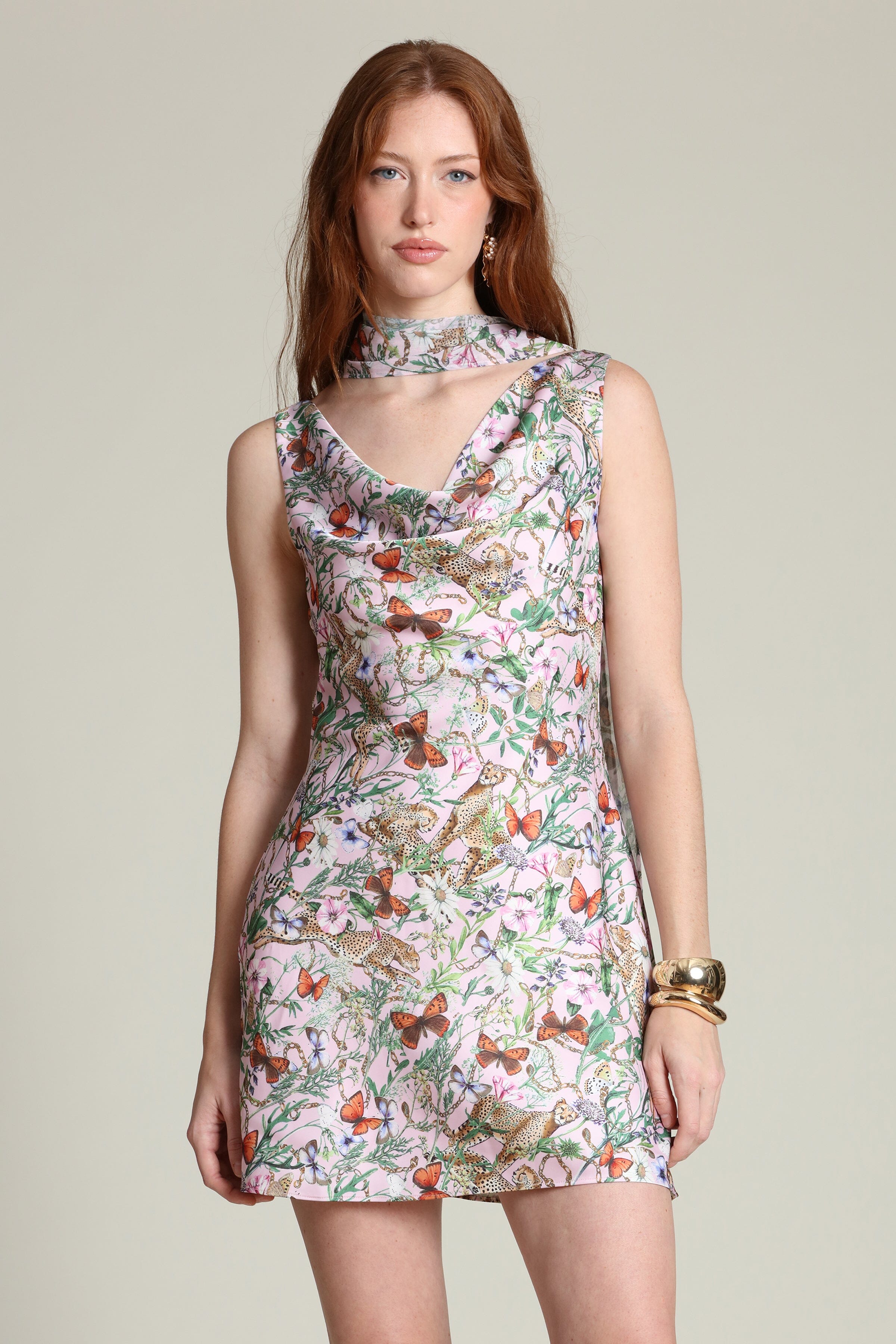 Floral satin scarf-tie multicolor mini dress with a draped cowl neckline and a fitted, flared silhouette by Avec Les Filles