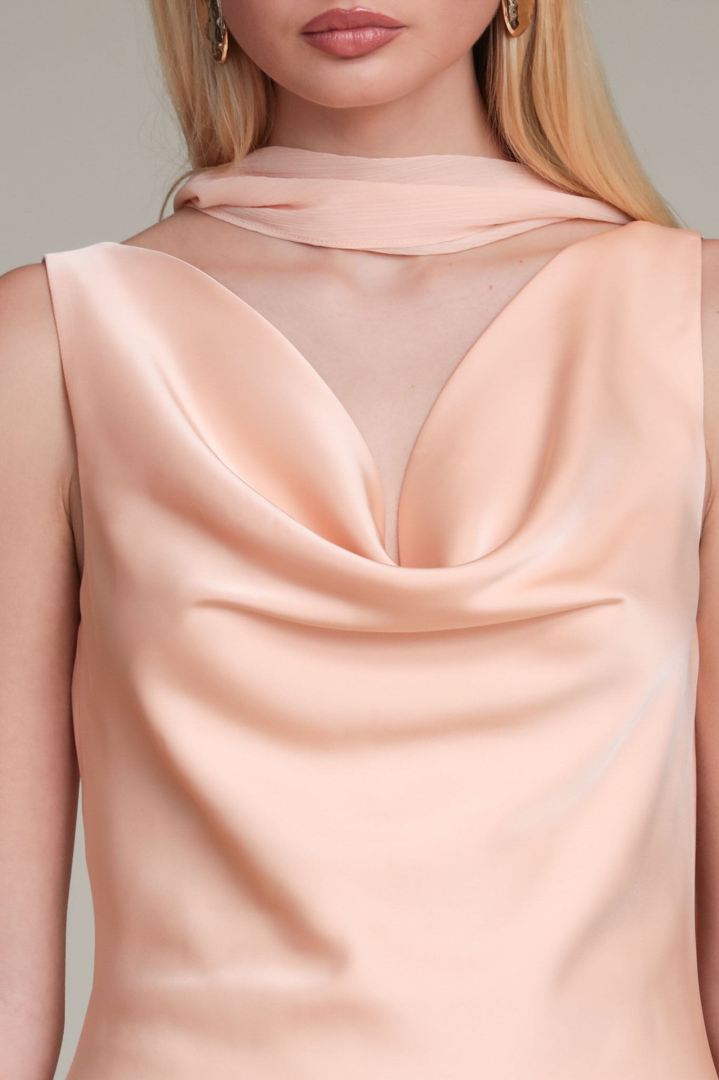 Satin scarf tie peach pink mini dress with a draped cowl neckline - Shop women's designer mini dresses by Avec Les Filles
