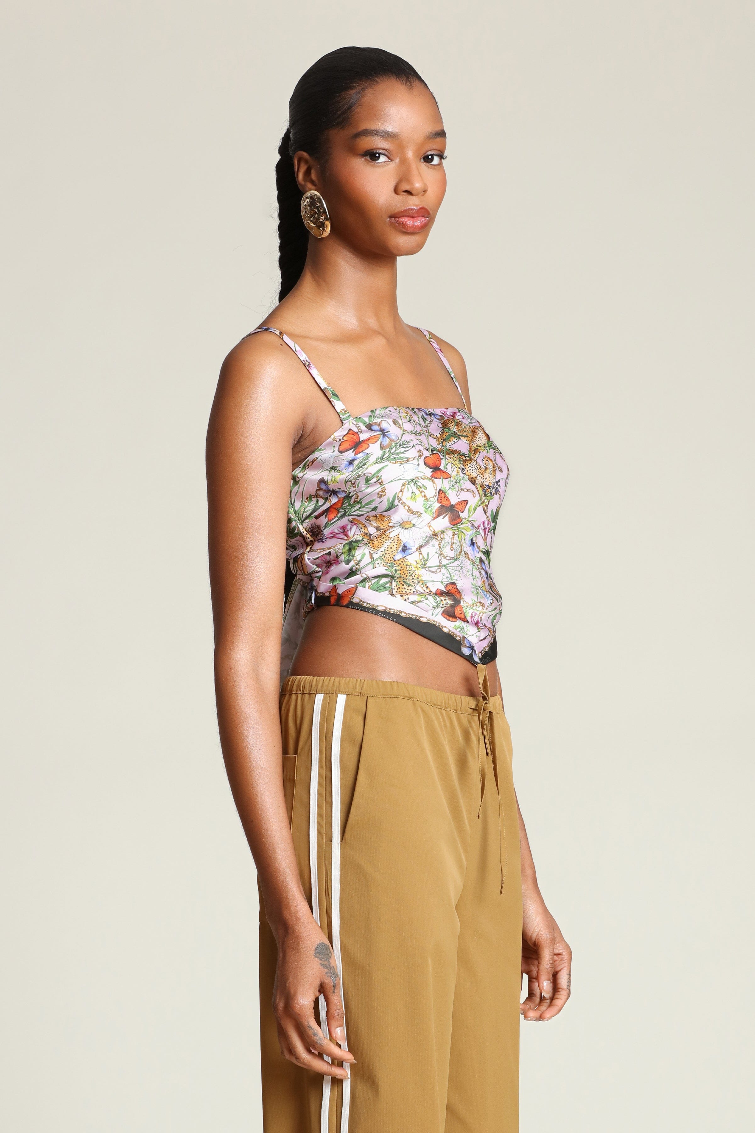 Botanical satin pink cheetah scarf crop top with detachable, adjustable spaghetti straps by Avec Les Filles