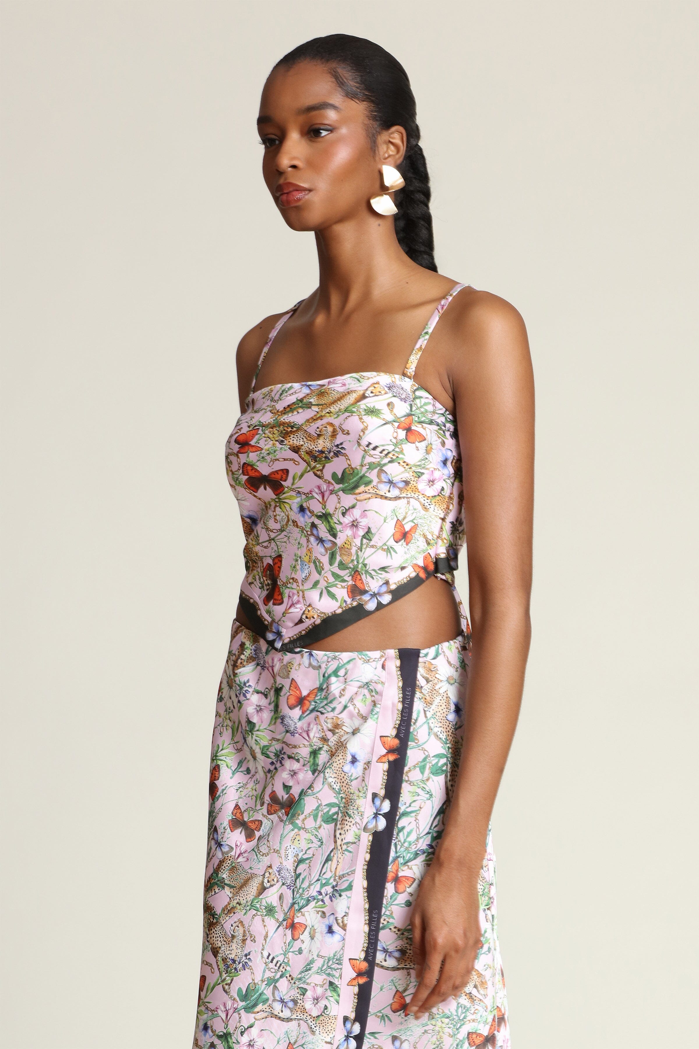 Botanical satin pink cheetah scarf crop top with detachable, adjustable spaghetti straps - Shop women's designer crop tops by Avec Les Filles