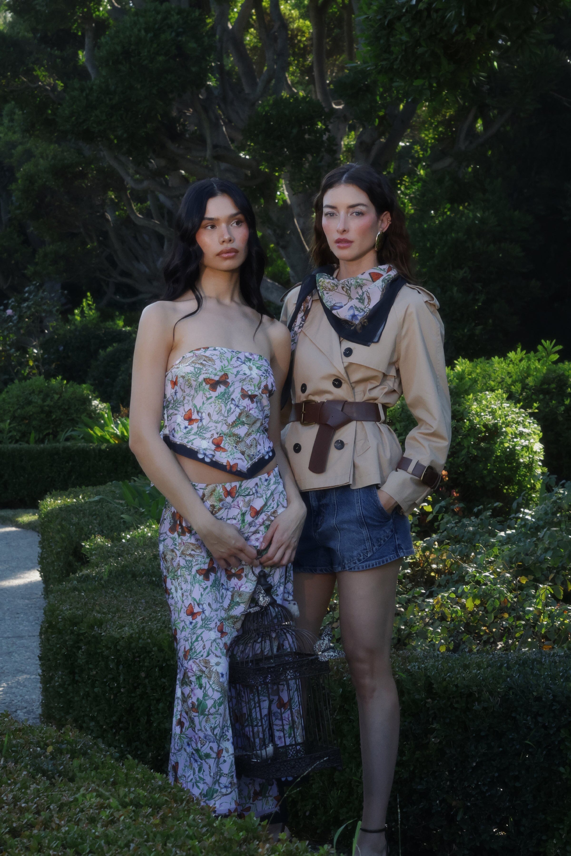 Botanical satin pink cheetah scarf crop top with detachable, adjustable spaghetti straps and beige jacket by Avec Les Filles