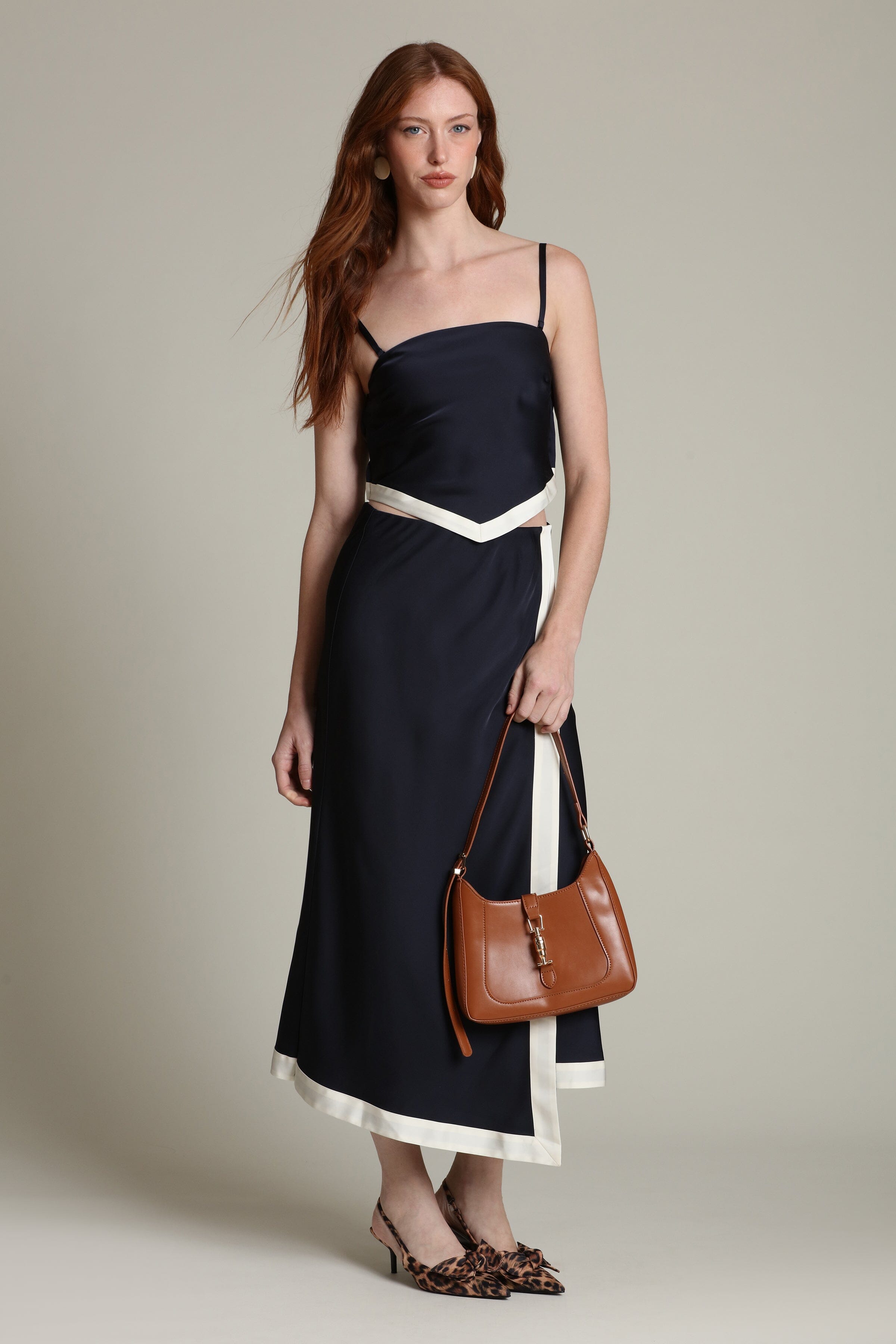 Satin navy off-white scarf crop top with detachable, adjustable spaghetti straps - Shop women's designer tops by Avec Les Filles