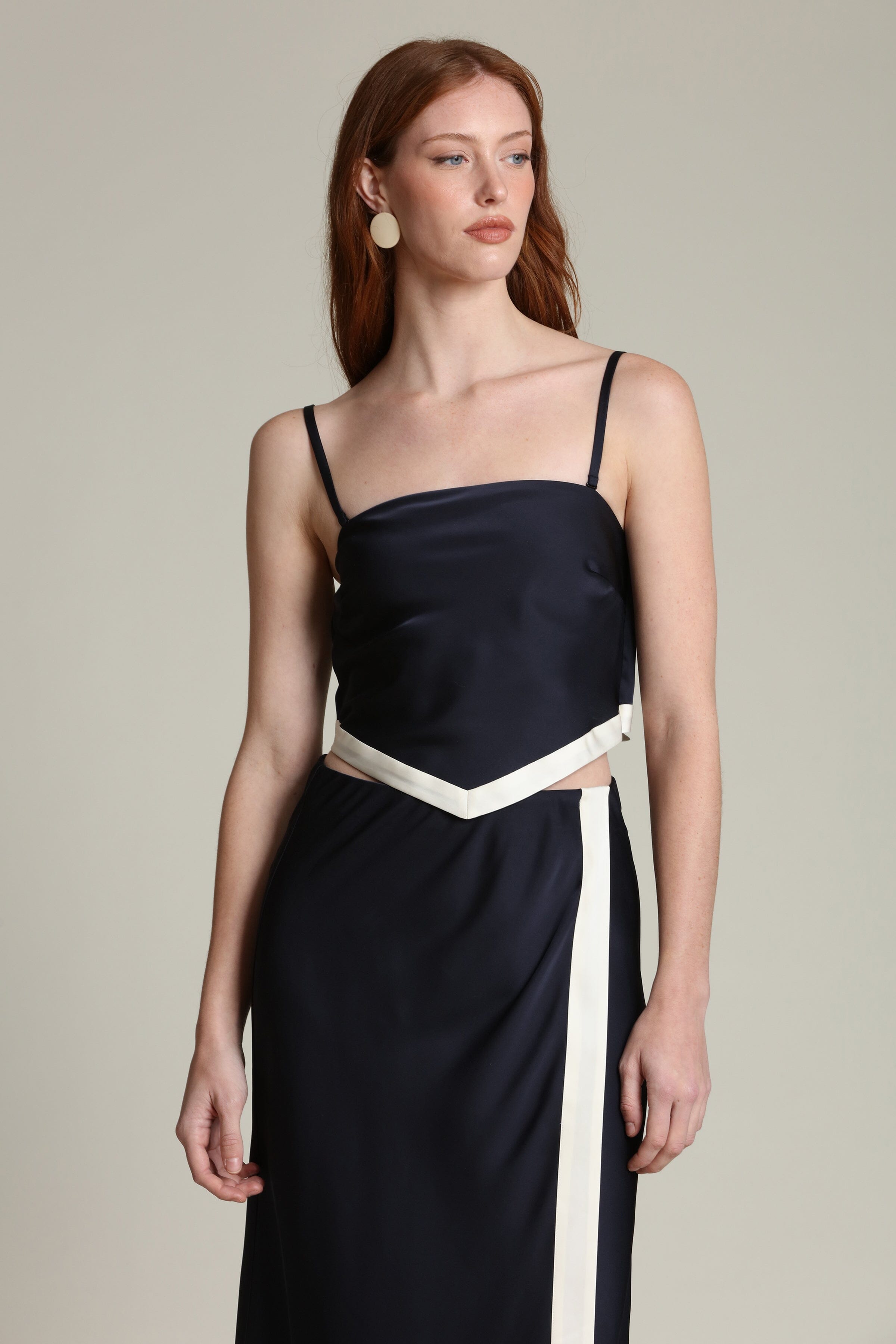 Satin navy off-white scarf crop top with detachable, adjustable spaghetti straps by Avec Les Filles