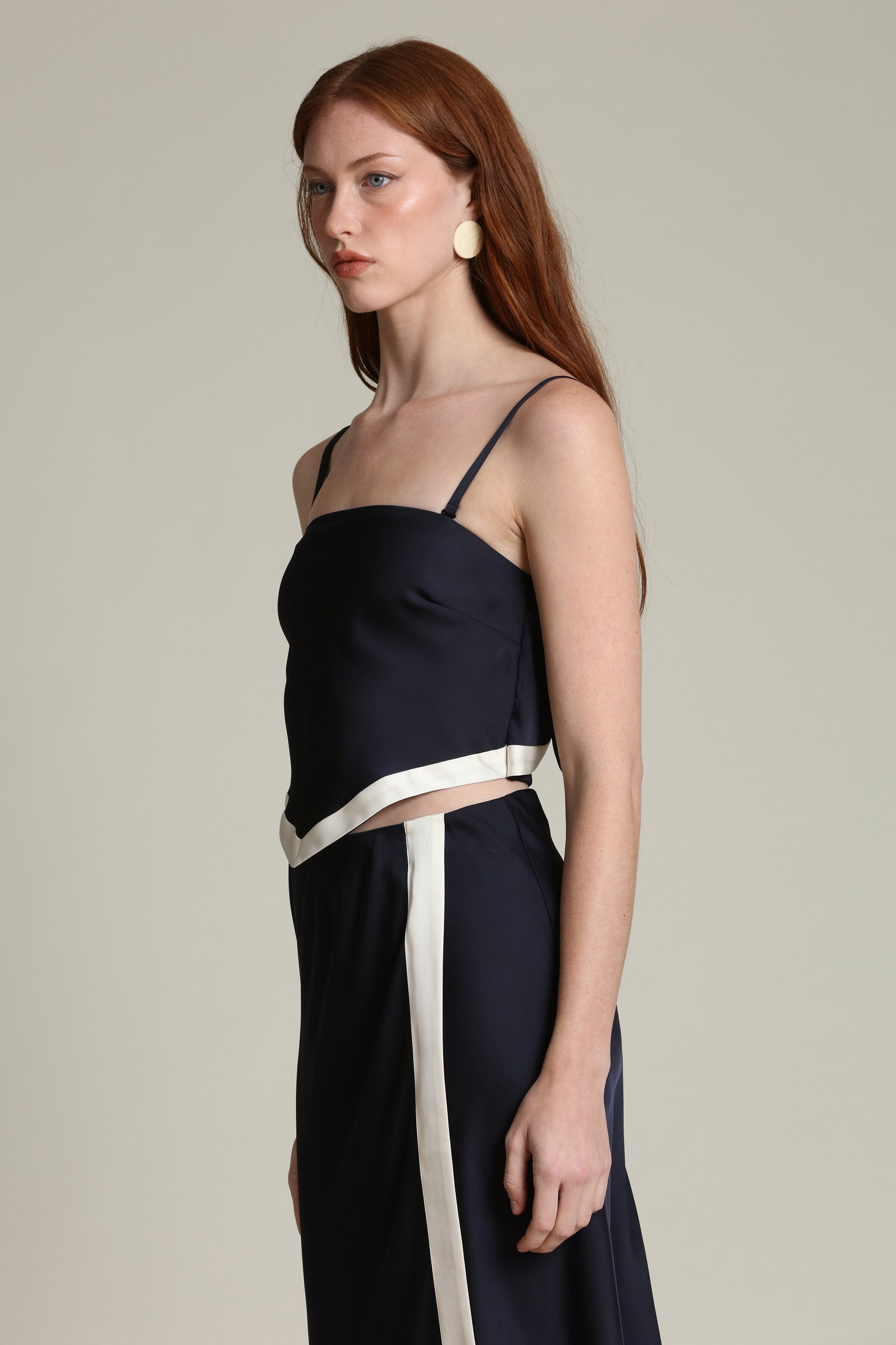 Satin navy and off-white scarf crop top with detachable, adjustable spaghetti straps by Avec Les Filles