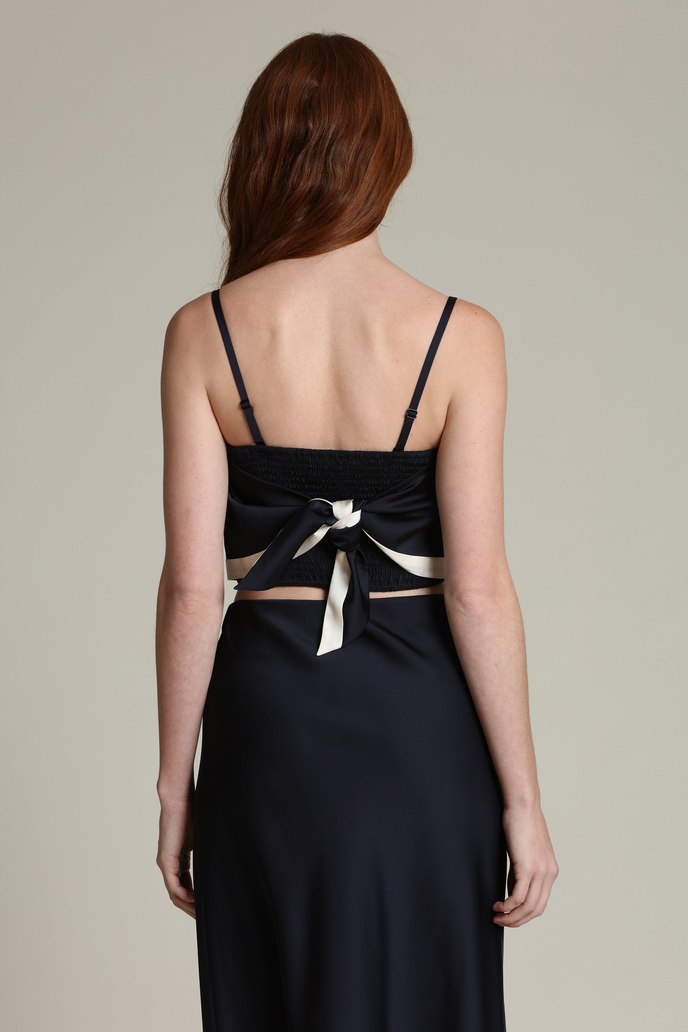 Satin navy off-white scarf crop top with detachable, adjustable spaghetti straps by Avec Les Filles