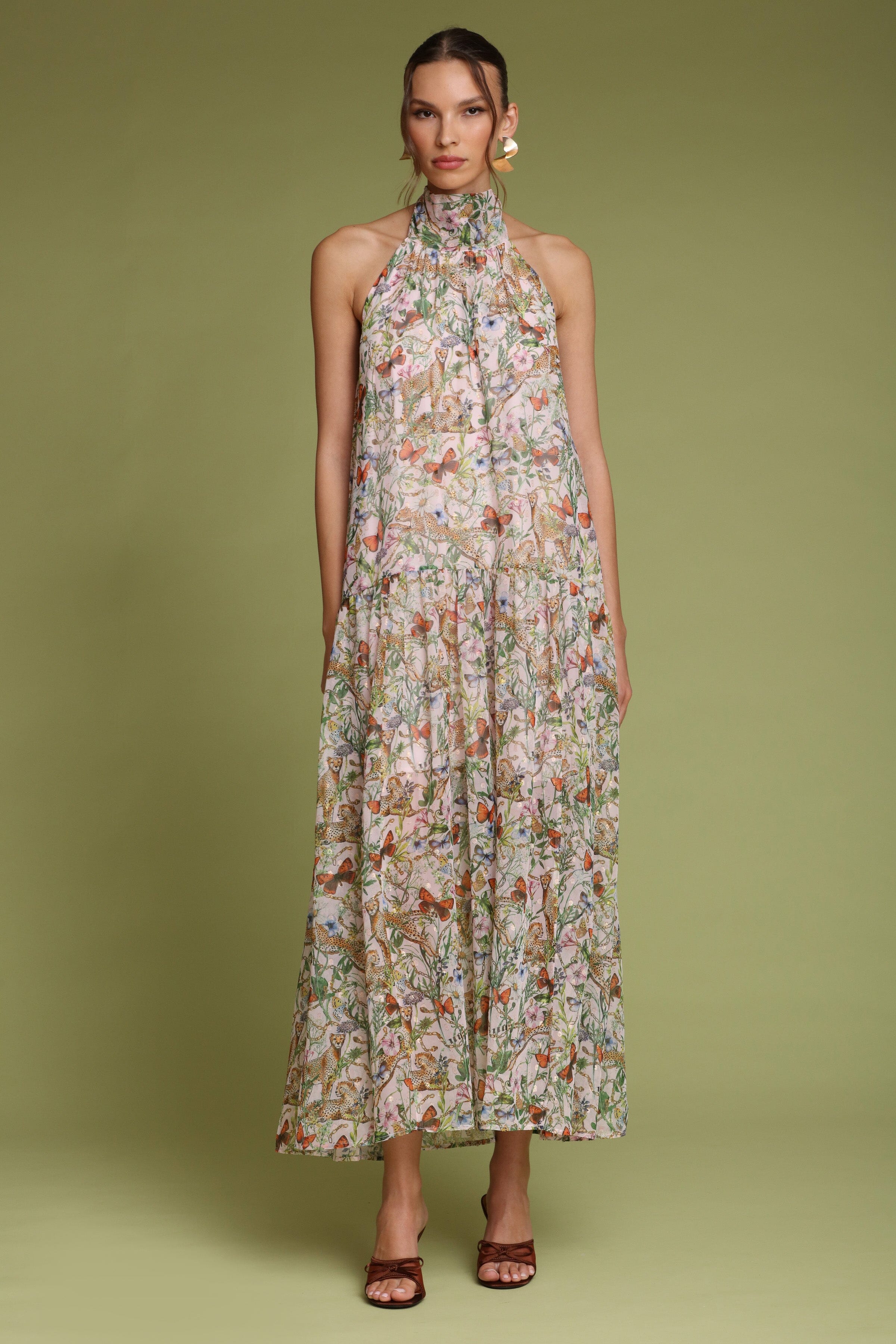 Botanical pink cheetah printed halter neck maxi dress with a drop-waist skirt and self-tie - Shop designer women's maxi dresses by Avec Les Filles