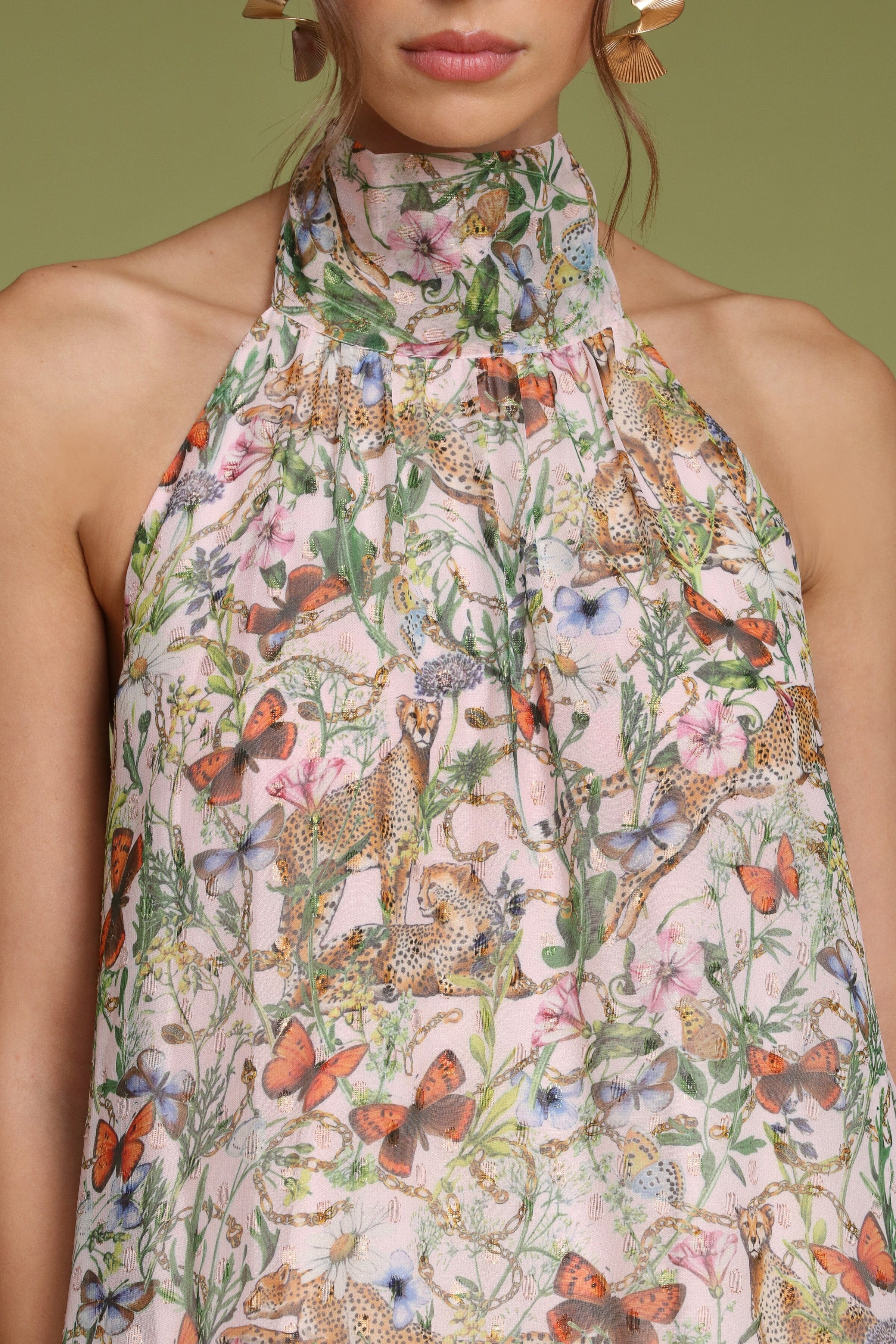 Botanical pink cheetah printed halter neck maxi dress with a drop-waist skirt and self-tie - Shop designer women's maxi dresses by Avec Les Filles