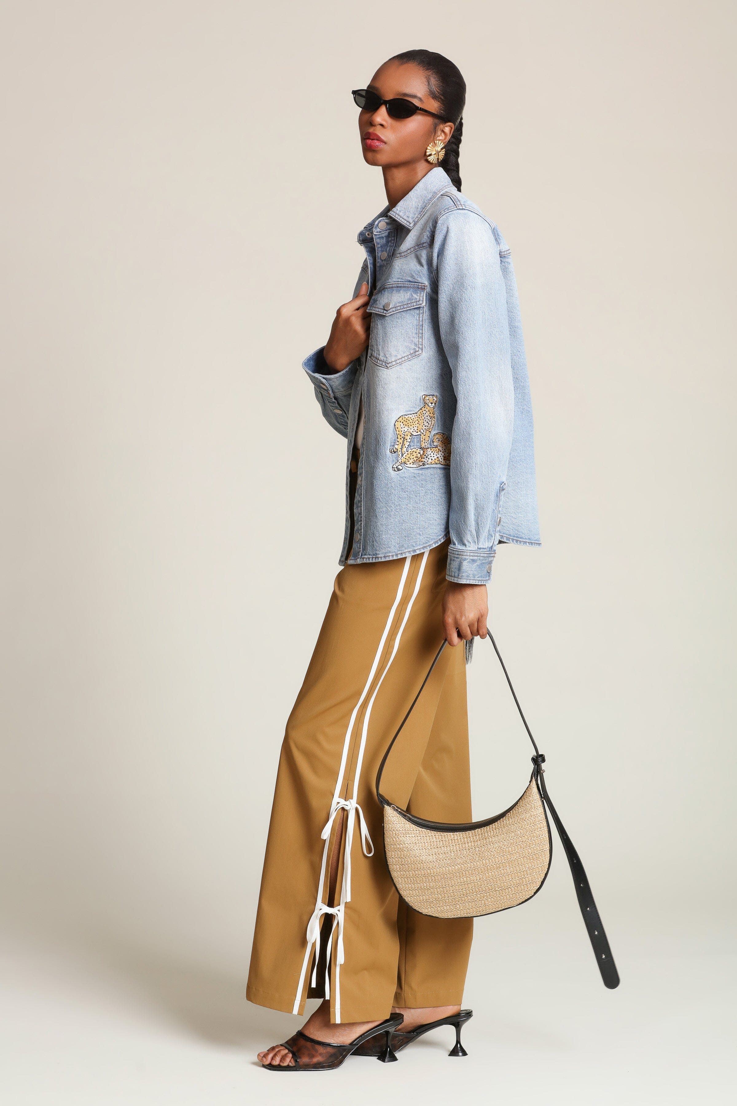 Cheetah patch snap-front blue denim shirt in cotton blend with long sleeves and western yoke detailing - Shop designer women's shirts by Avec Les Filles