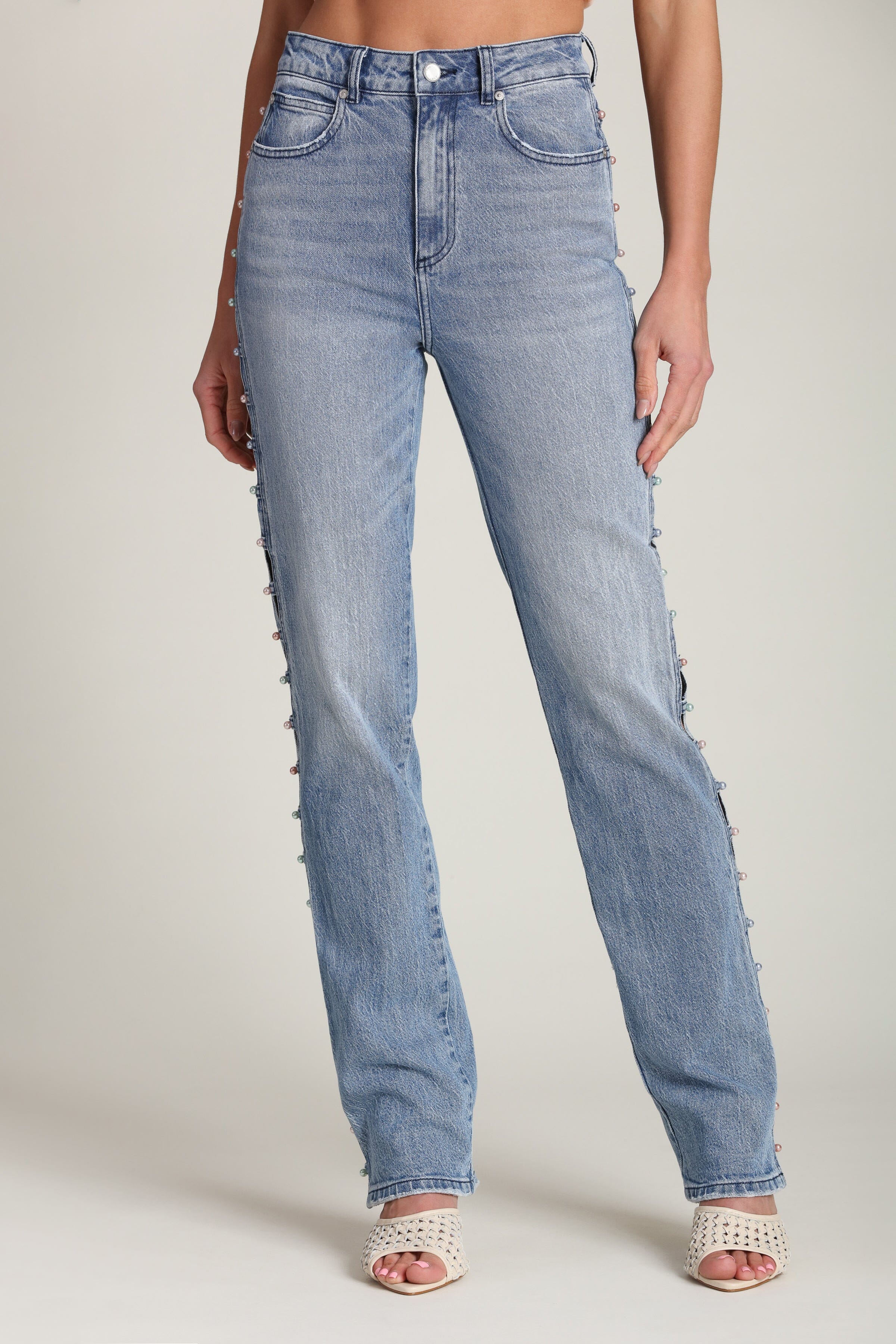Pearl Embellished Cut-Out Jeans Pants Avec Les Filles