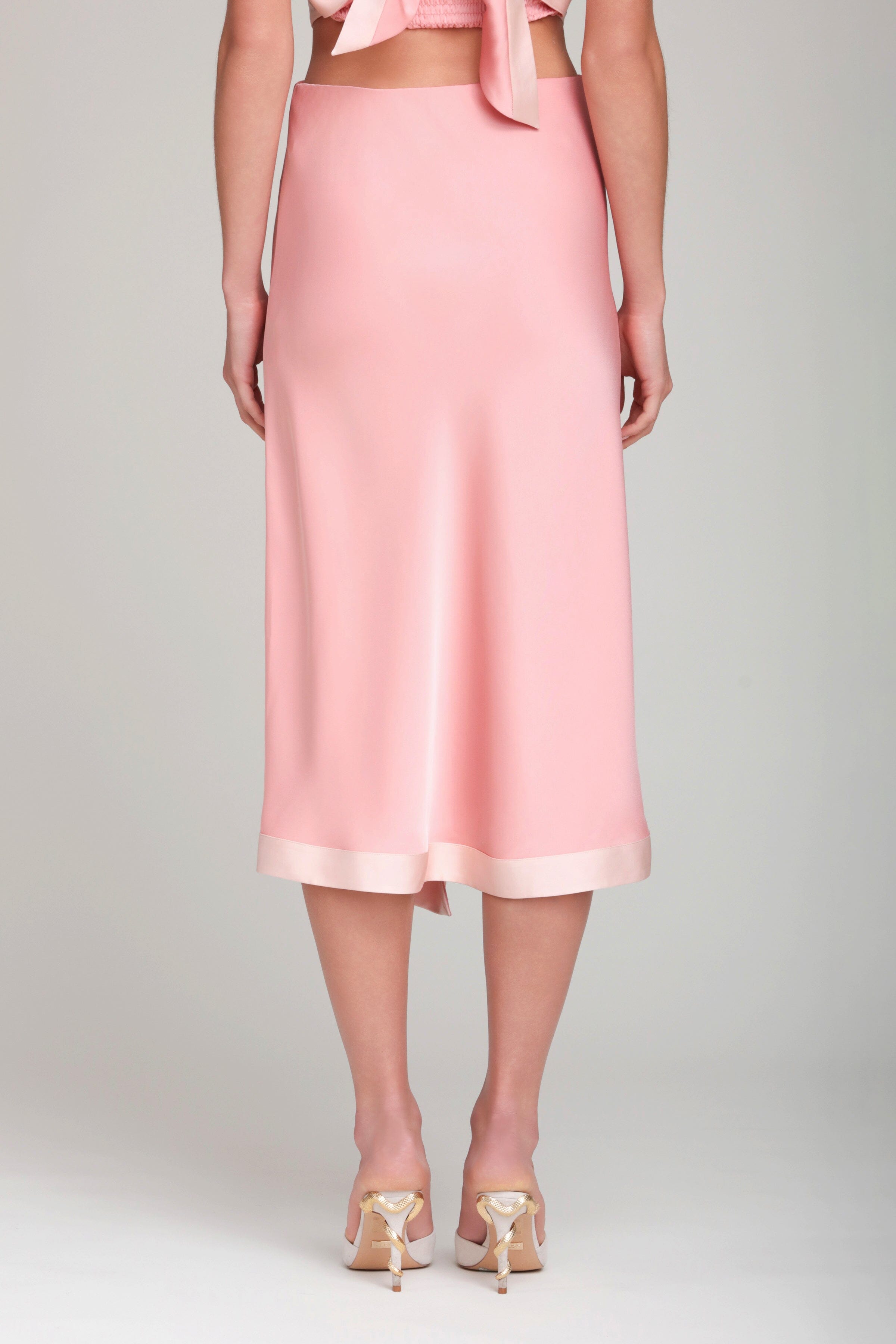 Satin faux wrap long pink maxi skirt with an elastic waistband - Shop women's cute long maxi skirts by Avec Les Filles