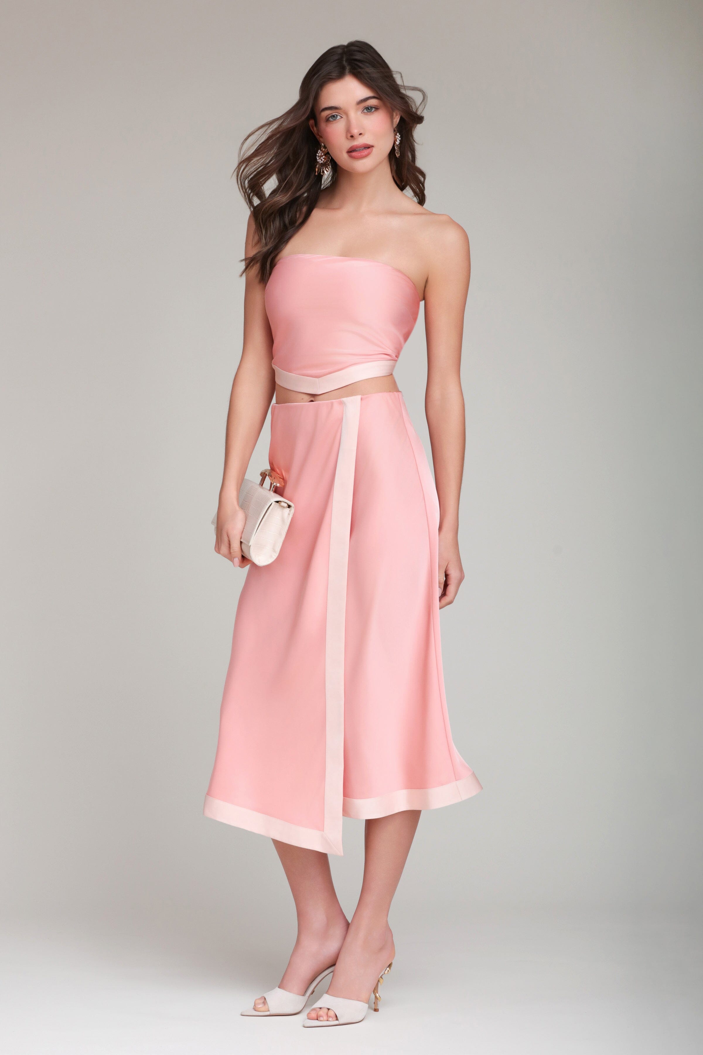 Satin faux wrap long pink maxi skirt with pink crop top - Shop women's cute long maxi skirts by Avec Les Filles
