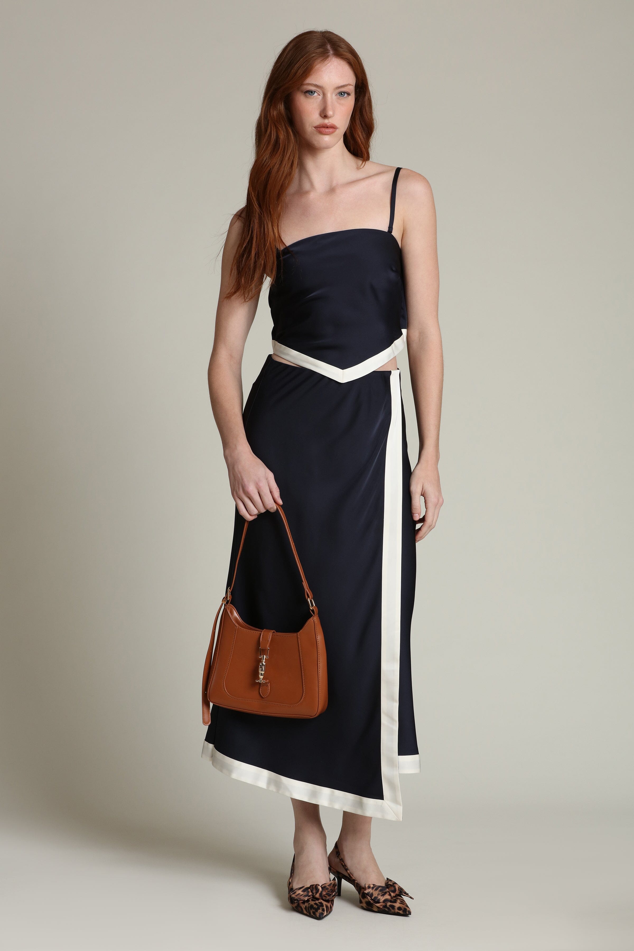 Satin navy faux wrap maxi slip skirt with an elastic waistband and crop top - Shop women's designer maxi skirts by Avec Les Filles