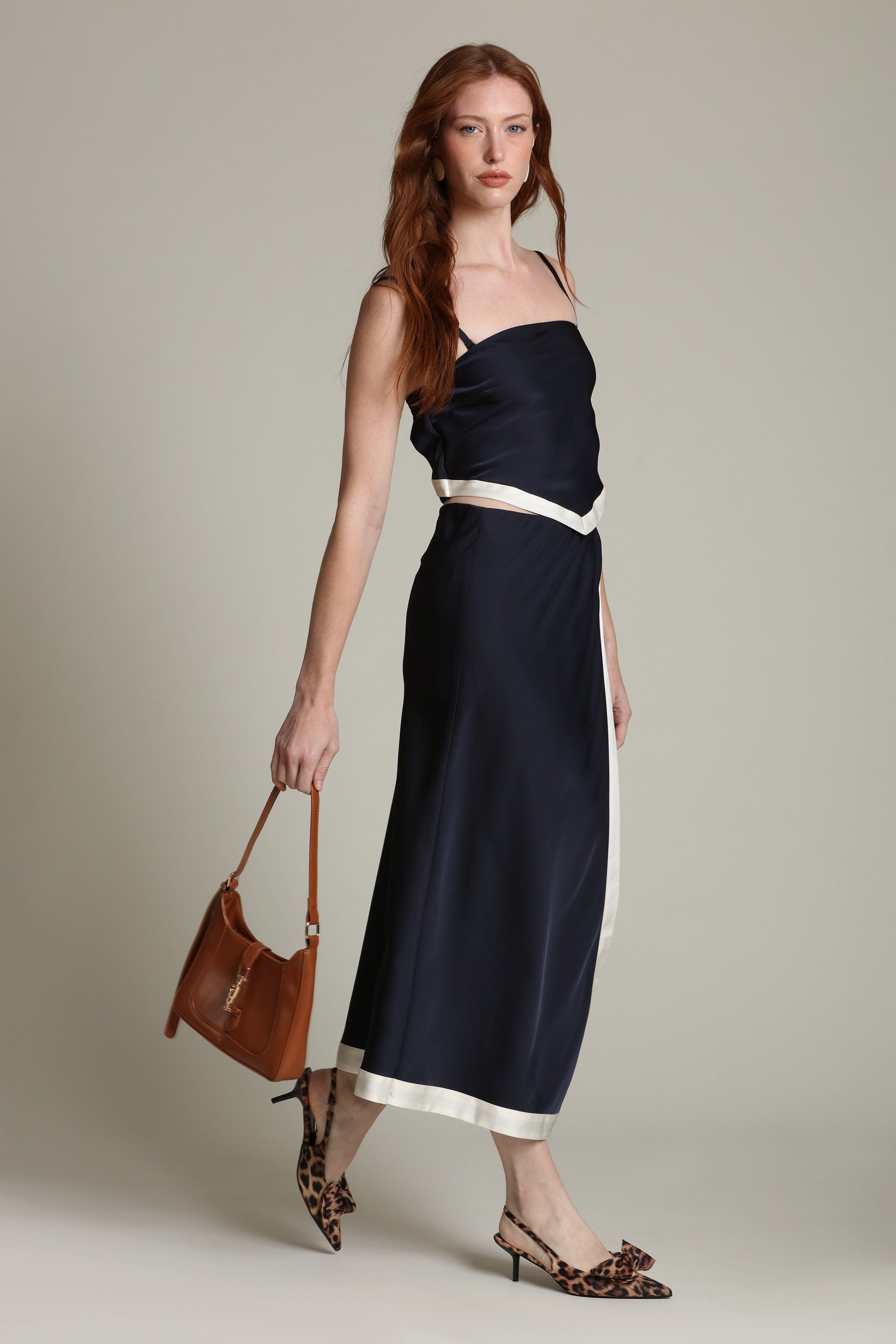 Satin navy faux wrap maxi slip skirt with an elastic waistband and crop top - Shop women's designer maxi skirts by Avec Les Filles