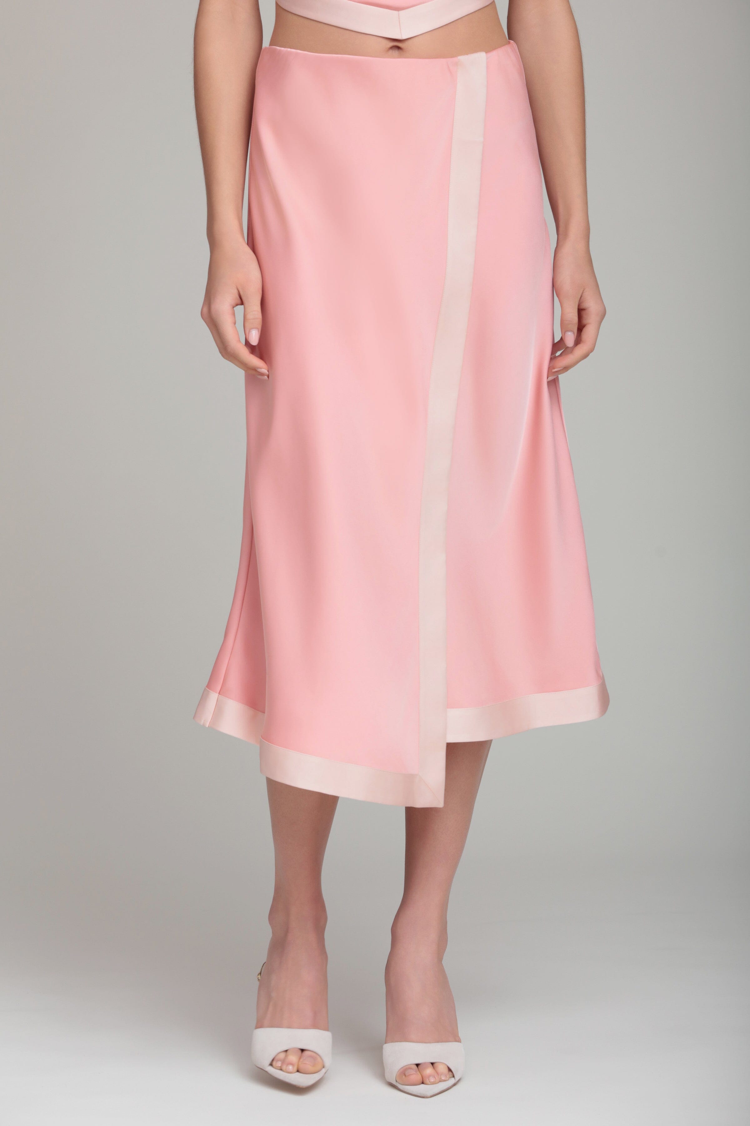 Satin faux wrap pink maxi skirt with an elastic waistband - Shop women's cute long maxi skirts by Avec Les Filles