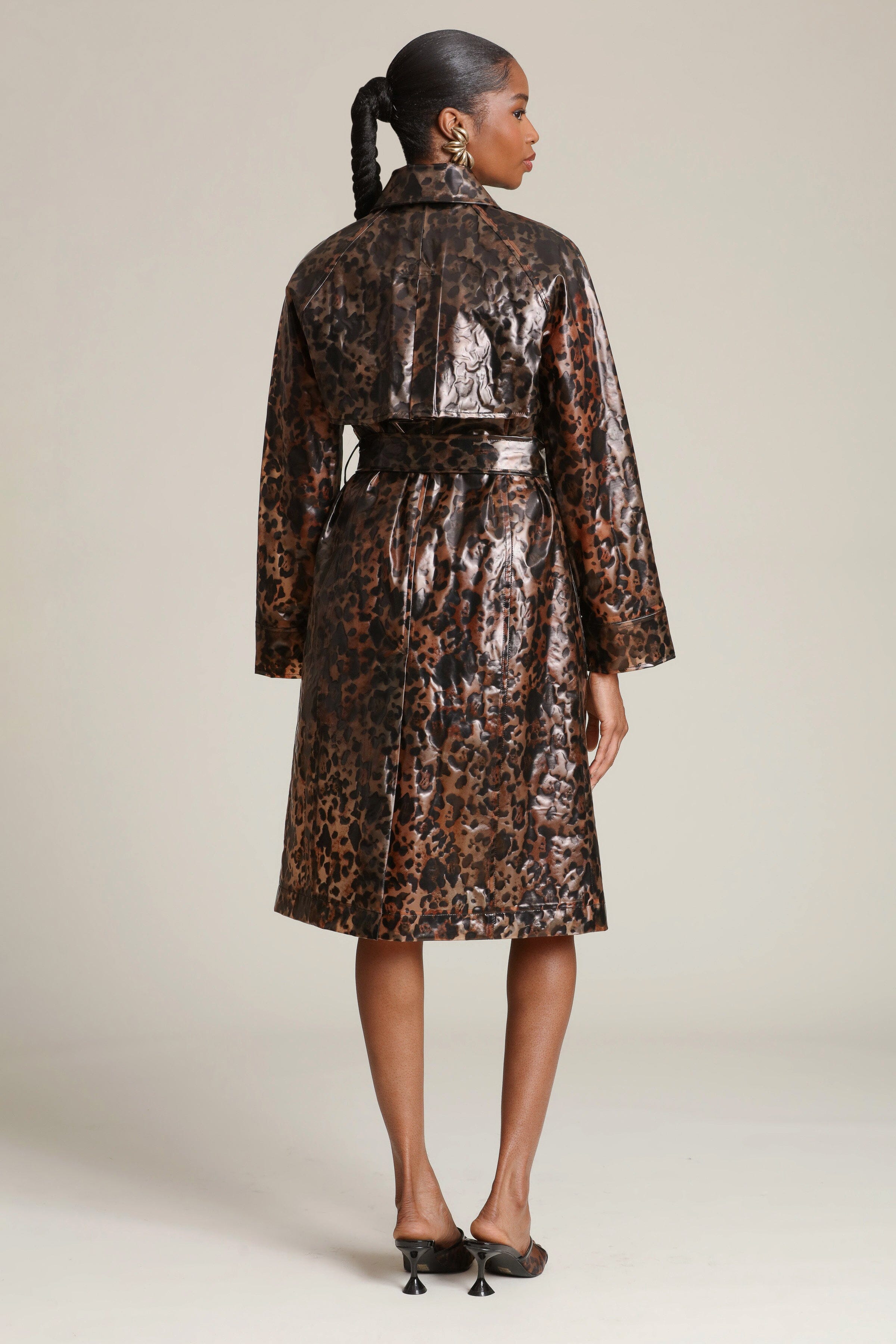 Leopard button-front rain trench coat with long sleeves and an adjustable self-tie belt at the waist - Shop designer women's long trench coats by Avec Les Filles
