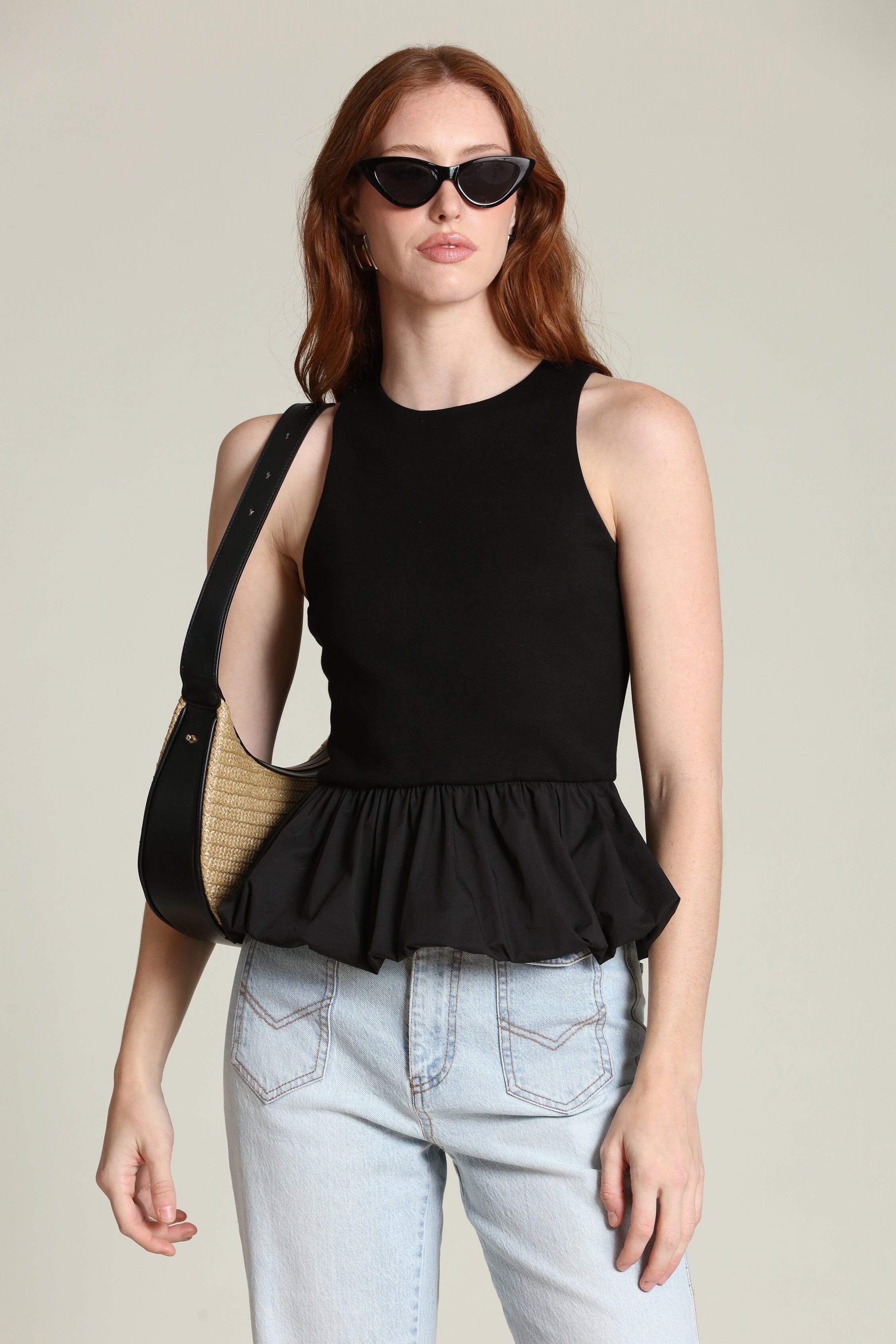 Mixed Media Gathered Peplum Black Tank Top