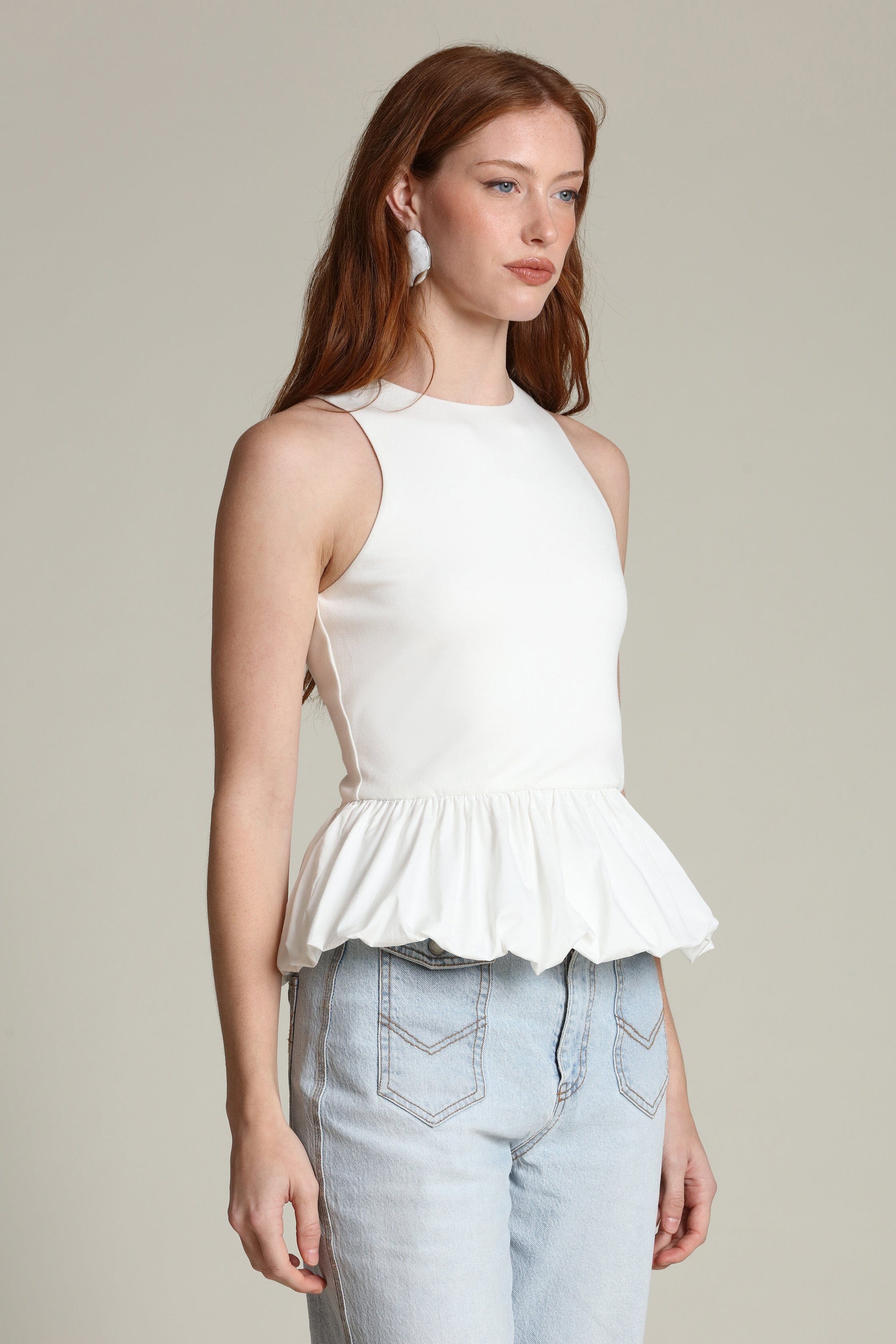 Mixed media gathered peplum white tank top with sleeveless and crew neckline - Shop designer women's tank tops