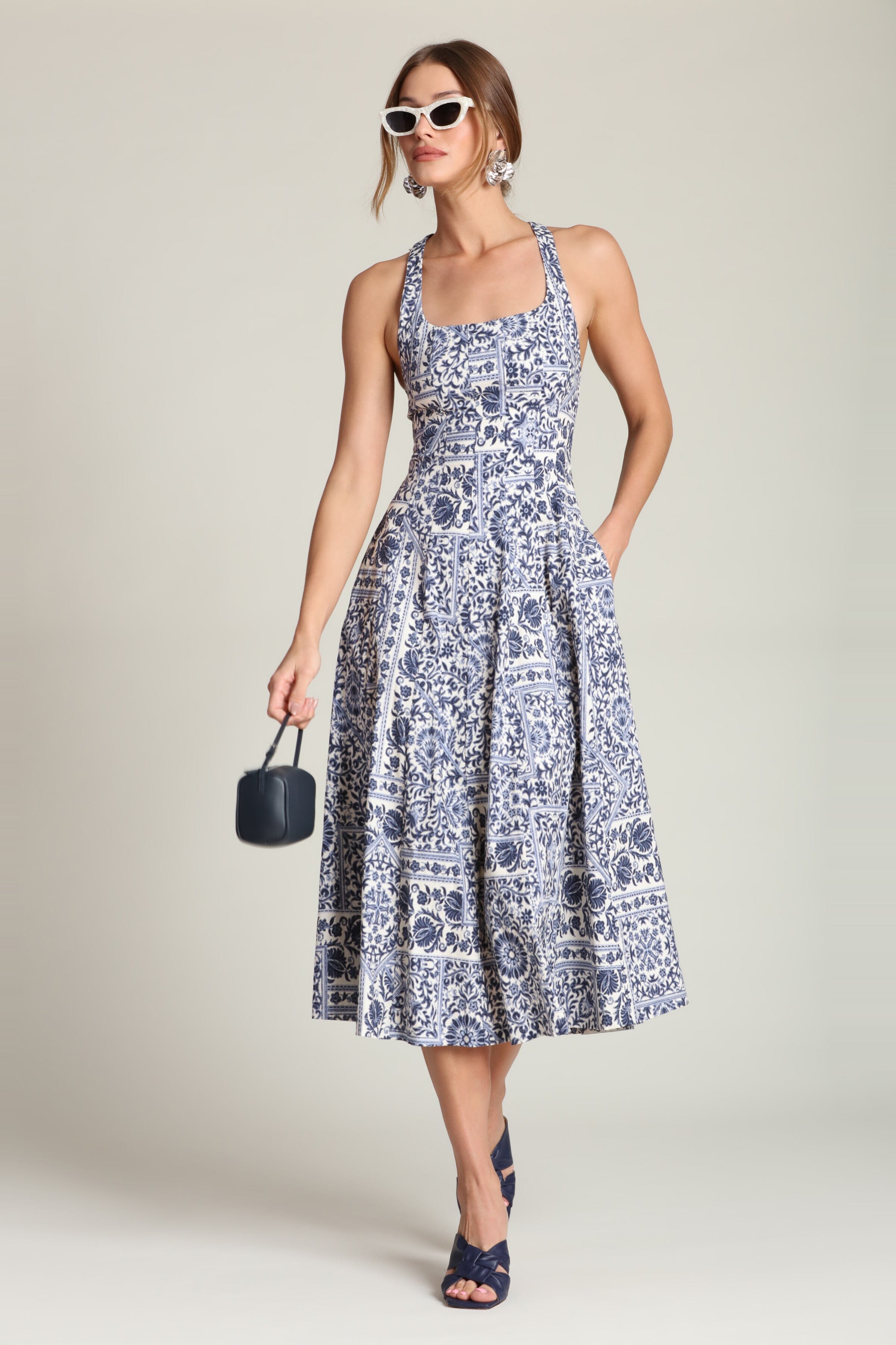 Stretch cotton printed racerback navy midi dress with a softly flared skirt and scoop neckline - Cute designer women's midi dresses by Avec Les Filles