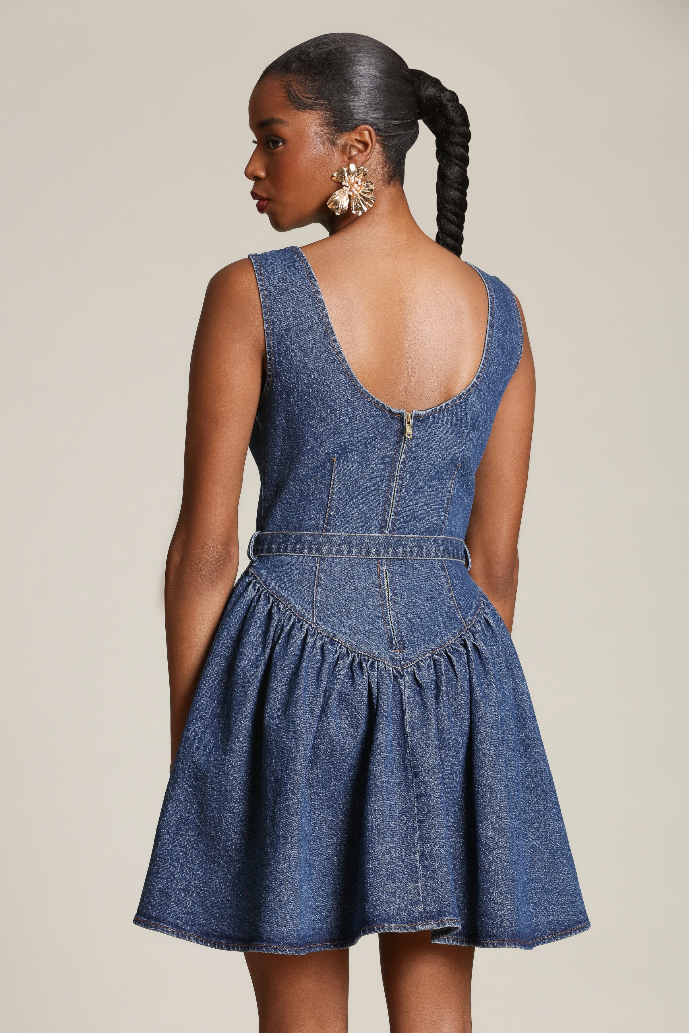 Denim blue mini dress with a removable belt and drop waist - Shop designer mini dresses for women by Avec Les Filles
