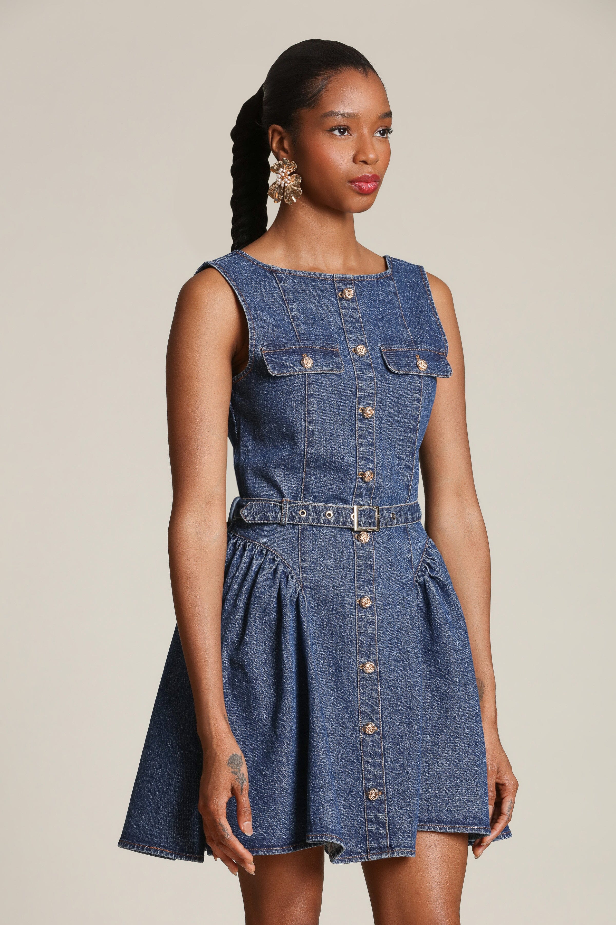 Denim blue mini dress with a removable belt and drop waist - Shop women's fitted mini dress by Avec Les Filles
