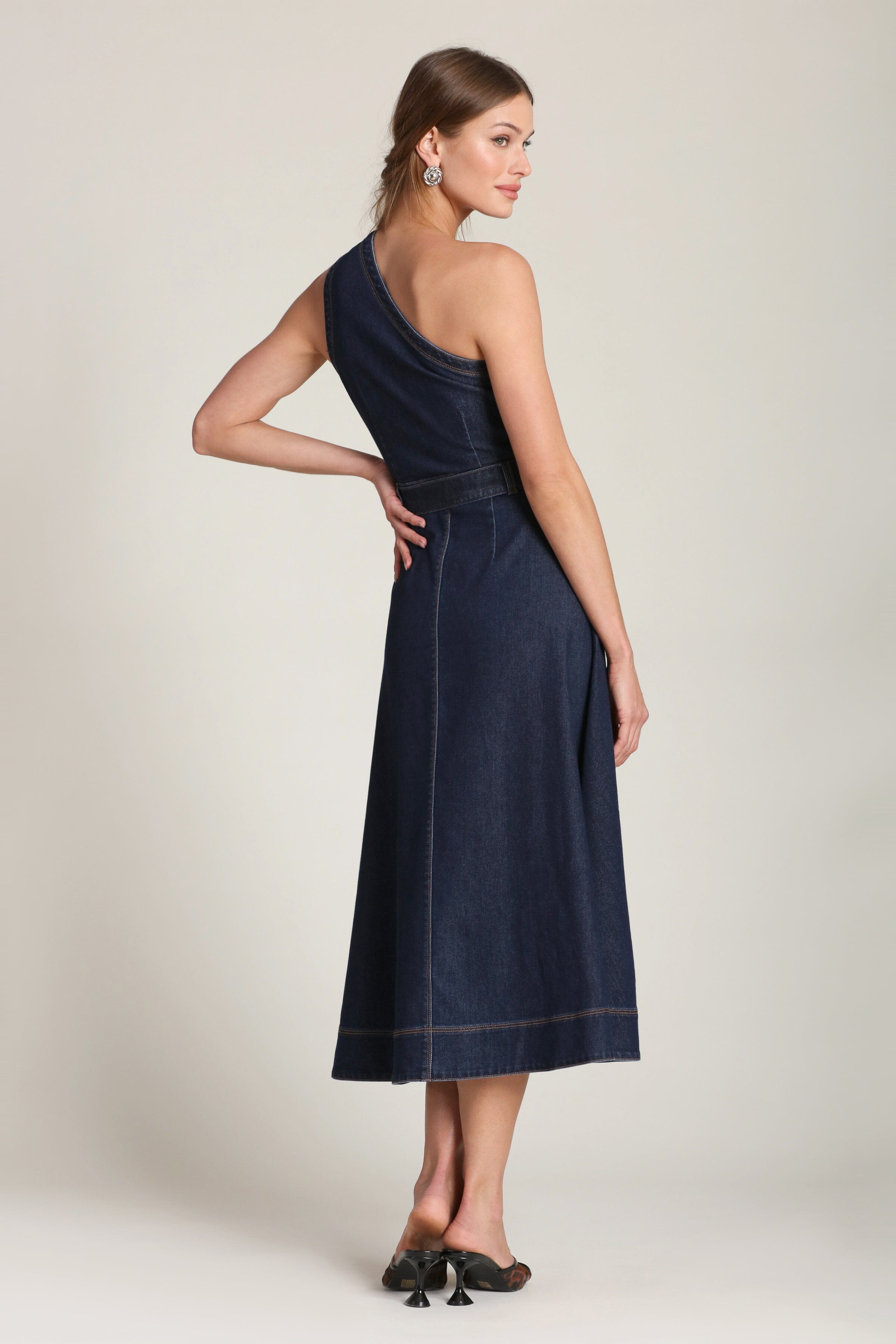 One-shoulder detachable belted dark blue denim midi dress with a flared skirt and front slit - Women’s designer midi dresses by Avec Les Filles