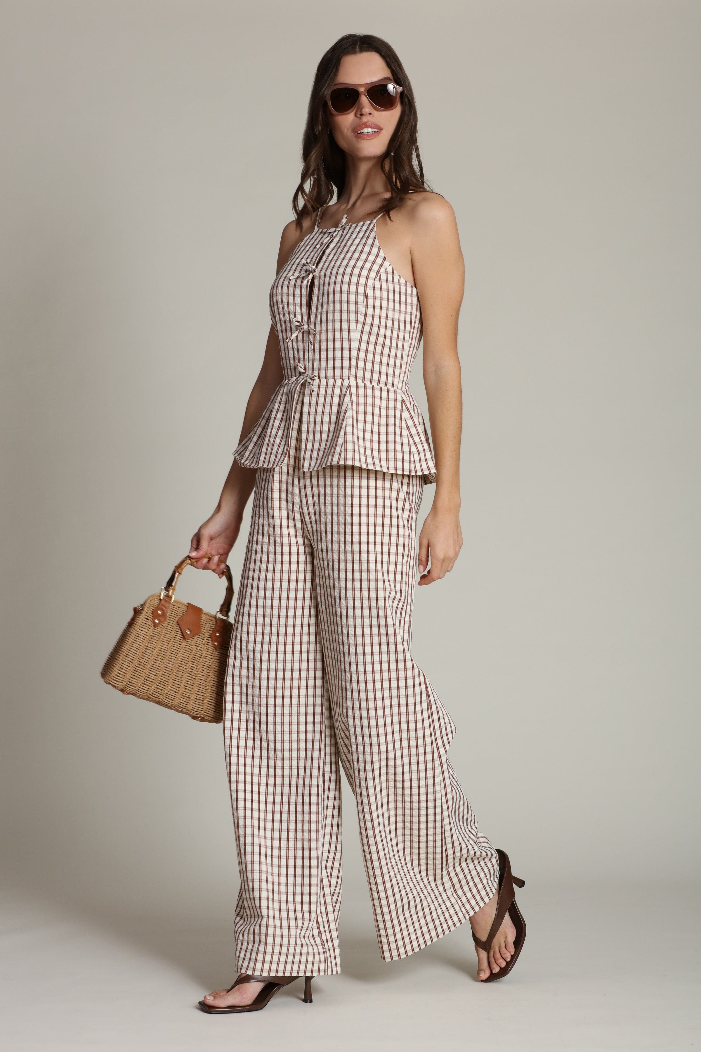 Gingham front tie-front peplum wide-leg cream & brown jumpsuit with adjustable spaghetti straps - Shop designer women's jumpsuits by Avec Les Filles