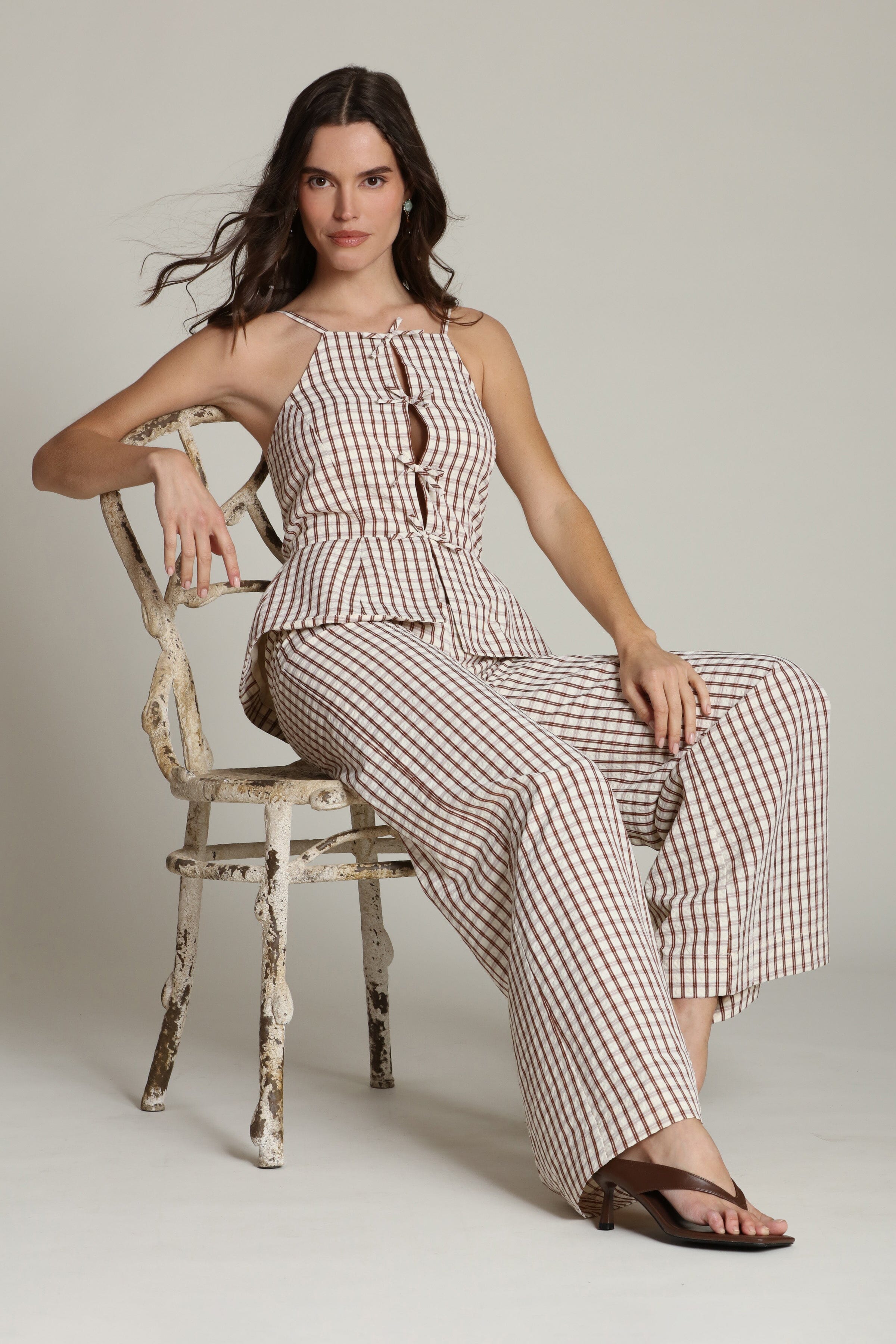 Gingham front tie-front peplum wide-leg cream & brown jumpsuit with adjustable spaghetti straps by Avec Les Filles