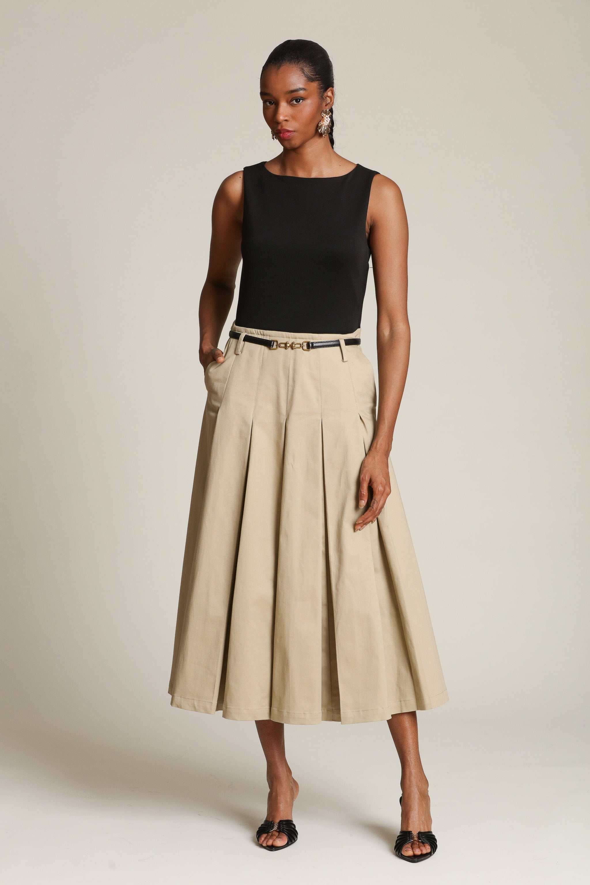 leather pleated dress Avec Les Filles Women's Release Pleat Skirt Combo Dress - Black and Khaki