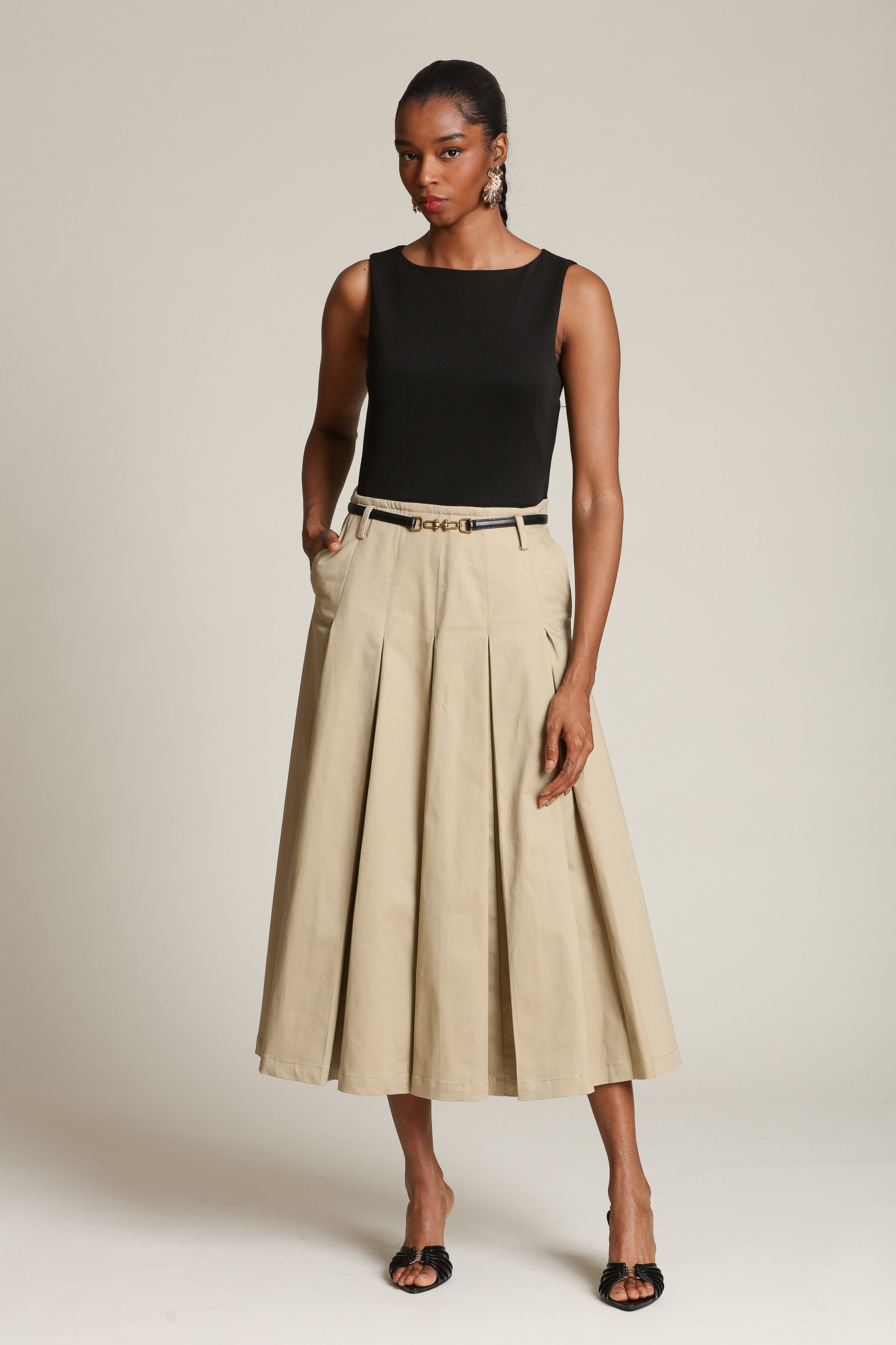 Mixed Media pleated black & khaki midi dress with removable faux leather belt and Pleated midi skirt- Cute women's midi dresses by Avec Les Filles