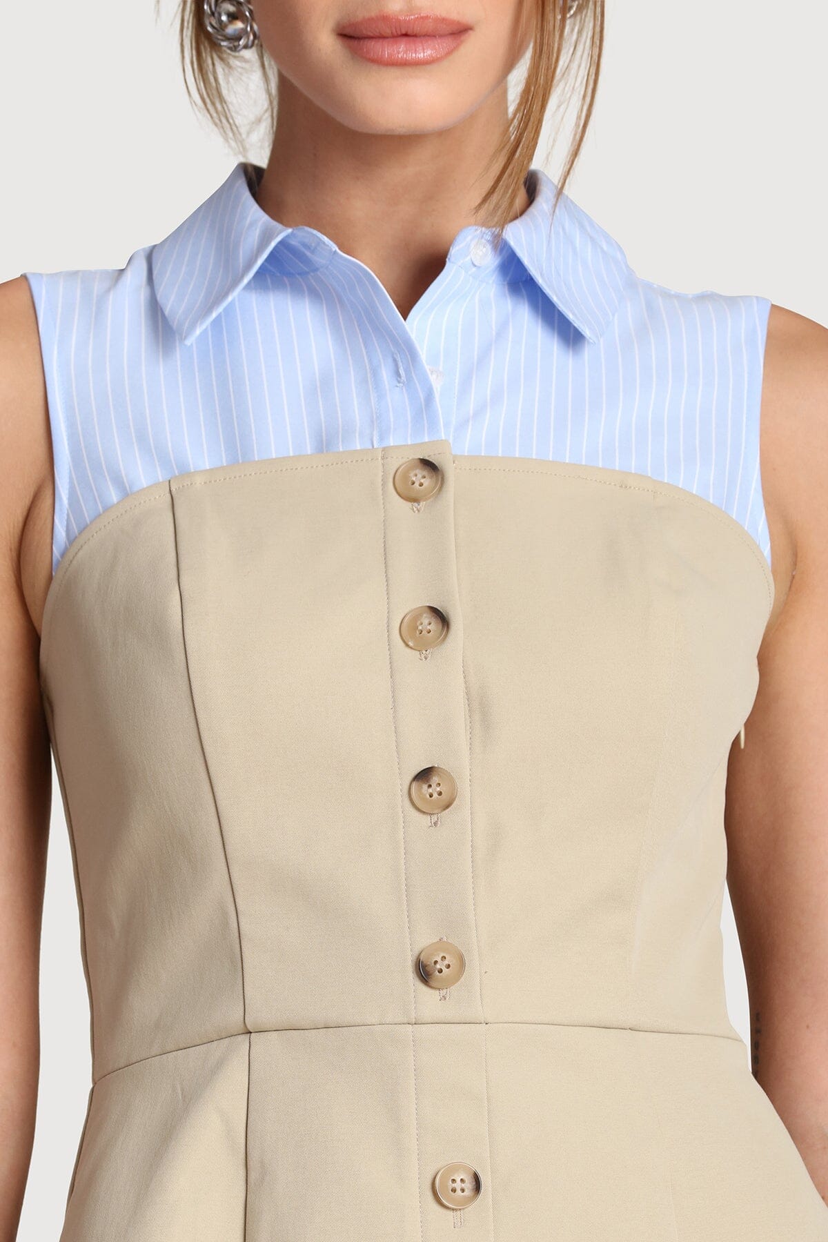 Mixed-media khaki and blue stripe pinstripe pleated mini dress with a point collar and sleeveless design - Shop women's designer mini dresses by Avec Les Filles