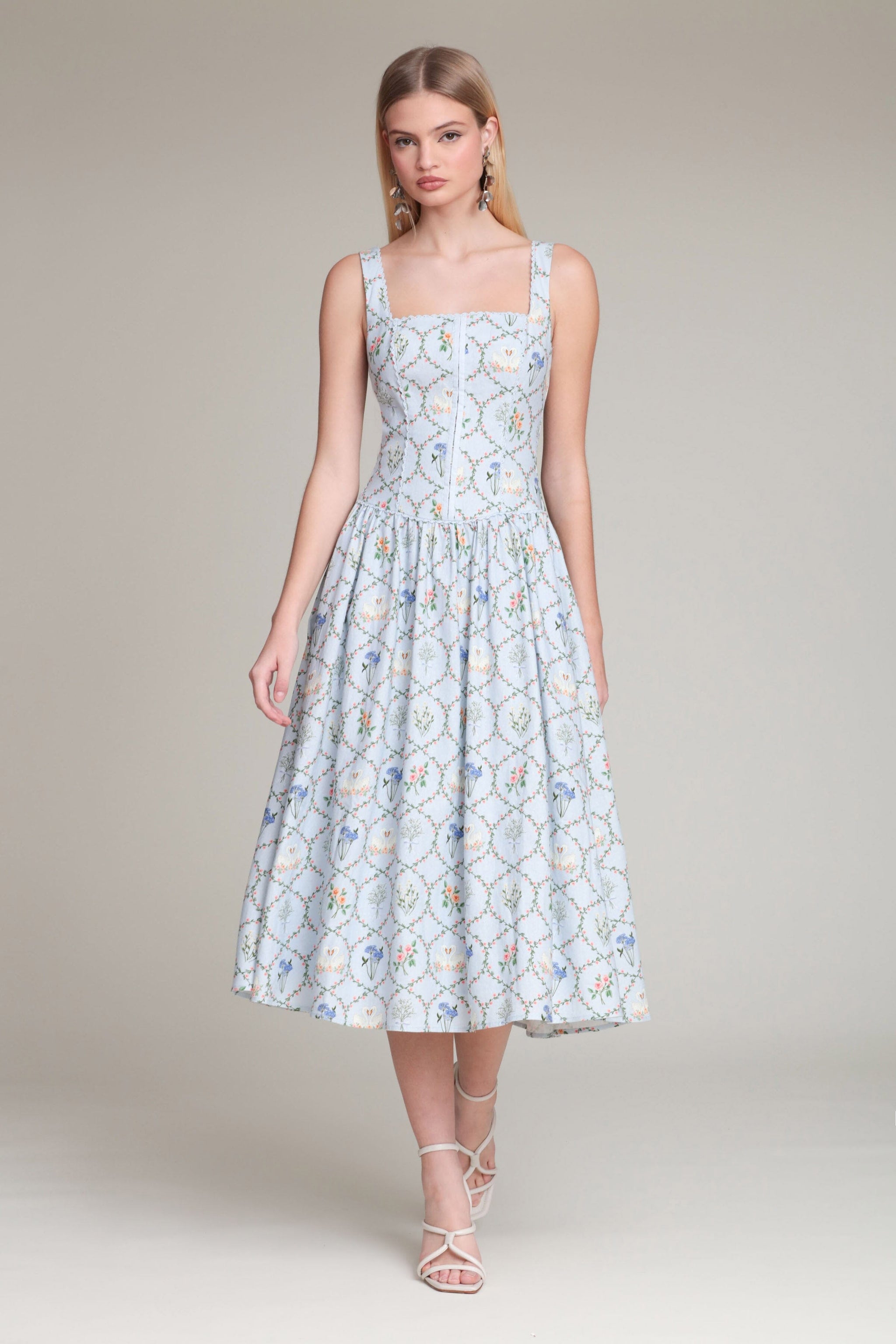 Floral Lattice Linen Blend Blue Midi Dress