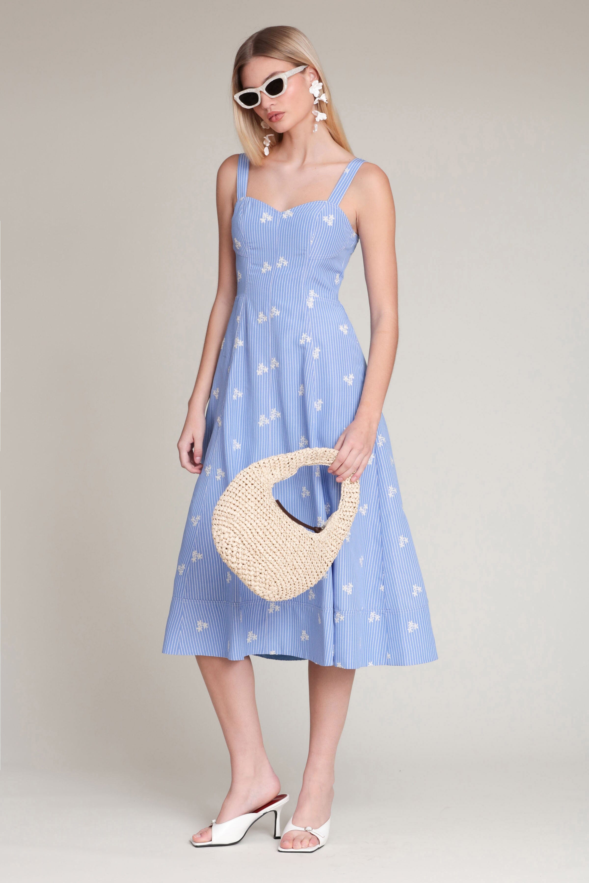 Embroidered blue stripe floral midi dress with a sweetheart neckline and adjustable shoulder straps - Shop women's designer midi dresses by Avec Les Filles.