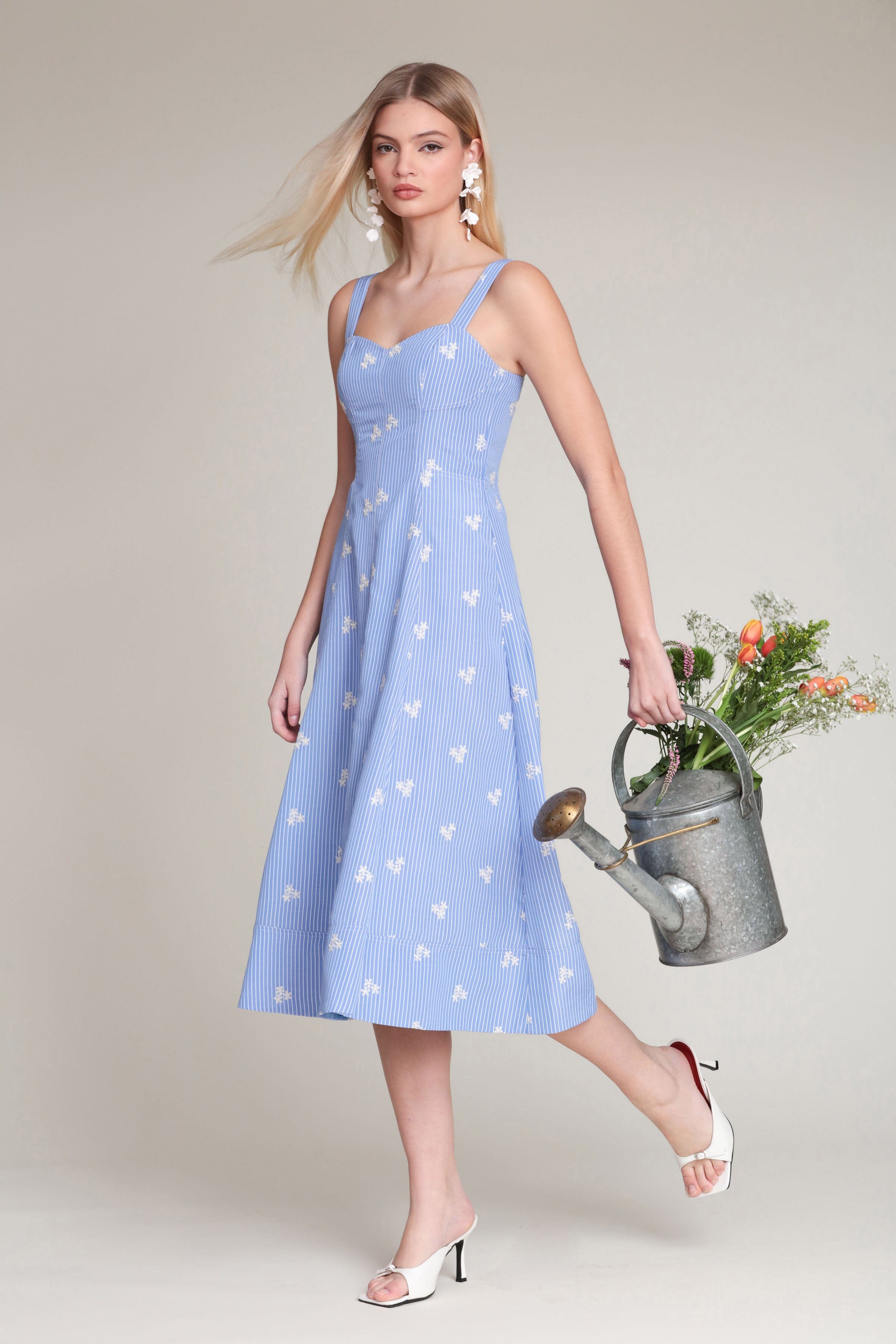 Embroidered blue stripe floral midi dress with a sweetheart neckline and adjustable shoulder straps - Cute women's designer midi dresses by Avec Les Filles.
