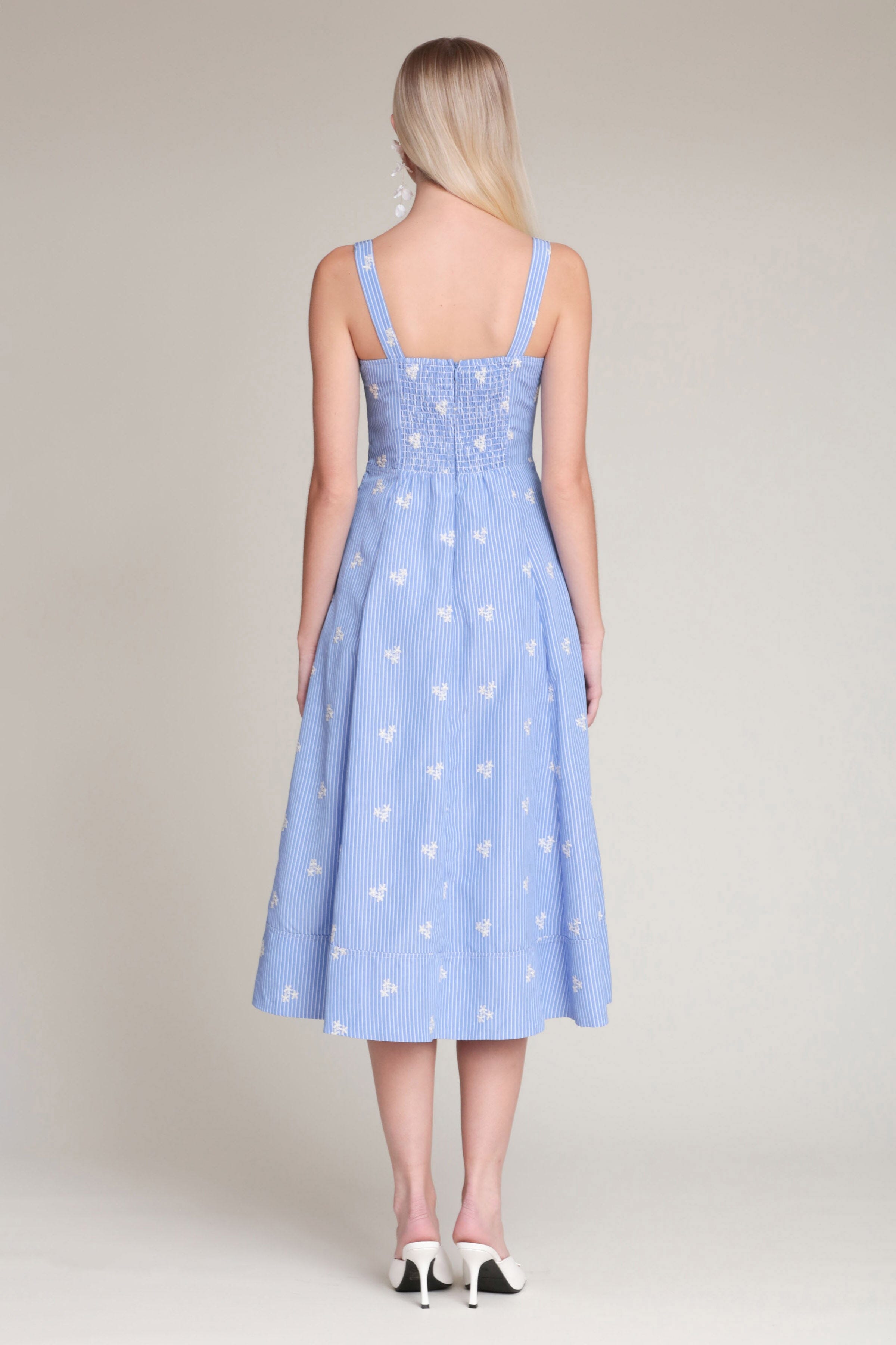 Embroidered blue stripe floral midi dress with adjustable shoulder straps by Avec Les Filles